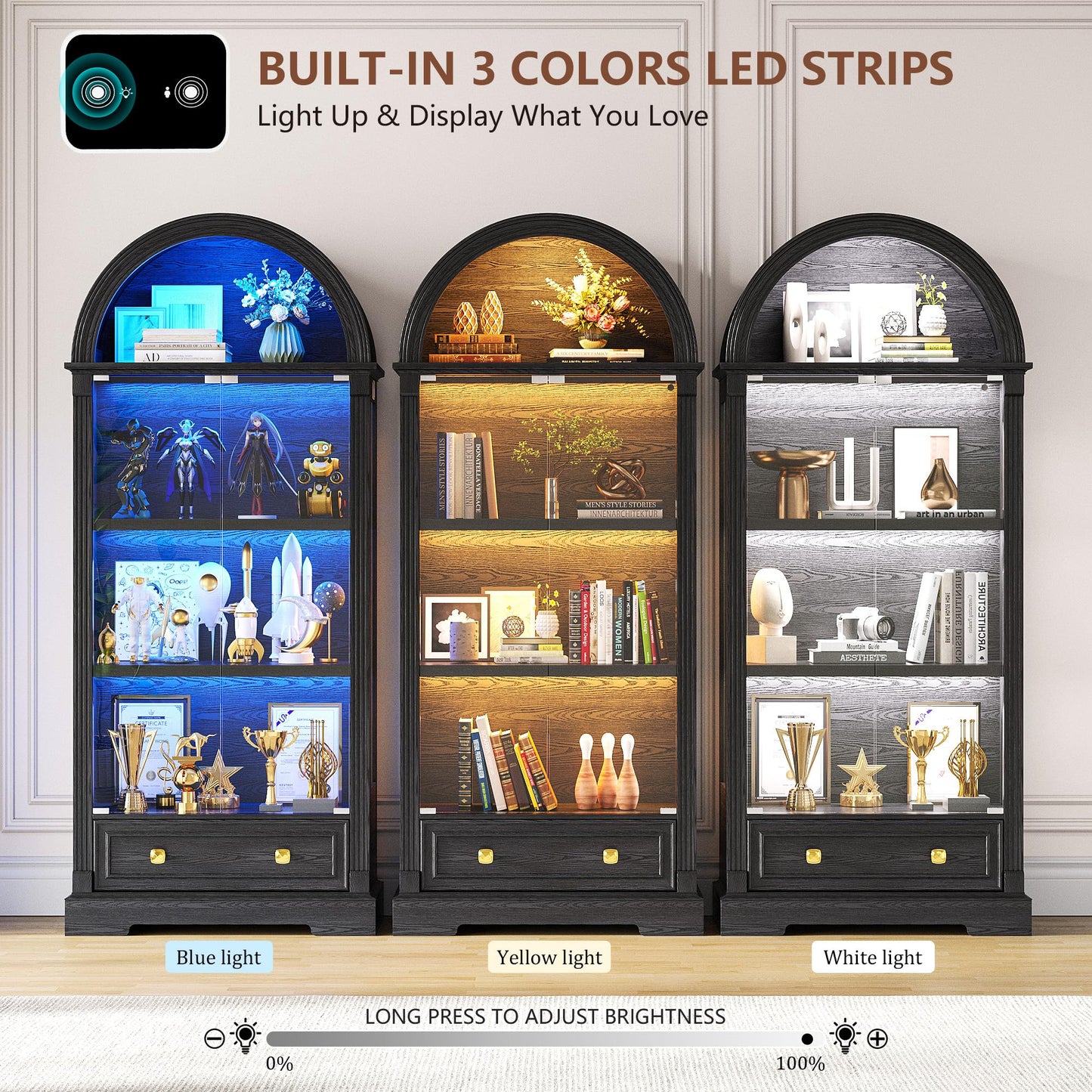Black Curio Cabinet with Glass Doors, 72" Tall Arched Display Cabinet with Human Sensor Lights, 4-Tier Display Case for Collectibles Bookcase Living Room