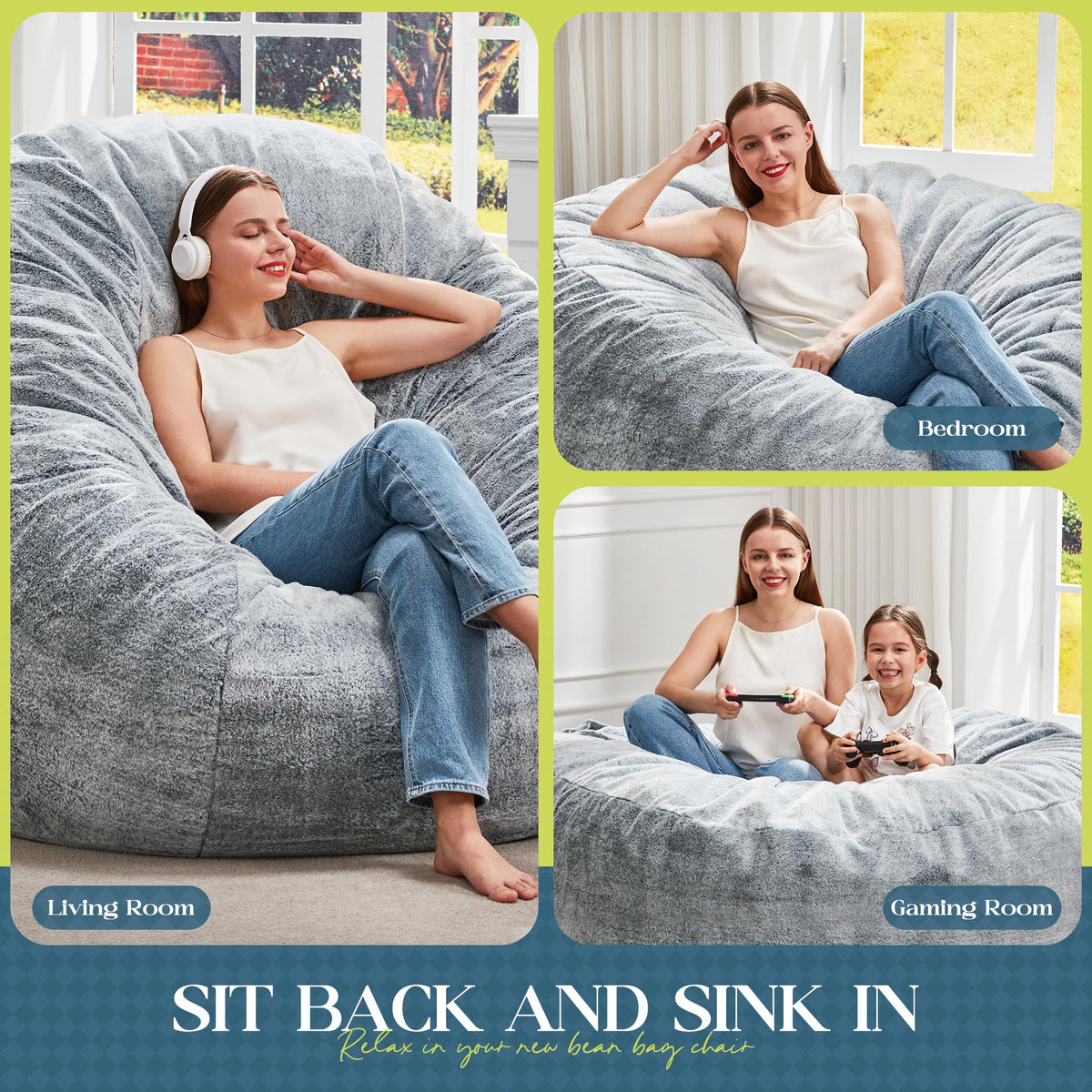 Hobestluk Bean Bag Chair for Adult Giant Beanbag with Filler Grey 5FT