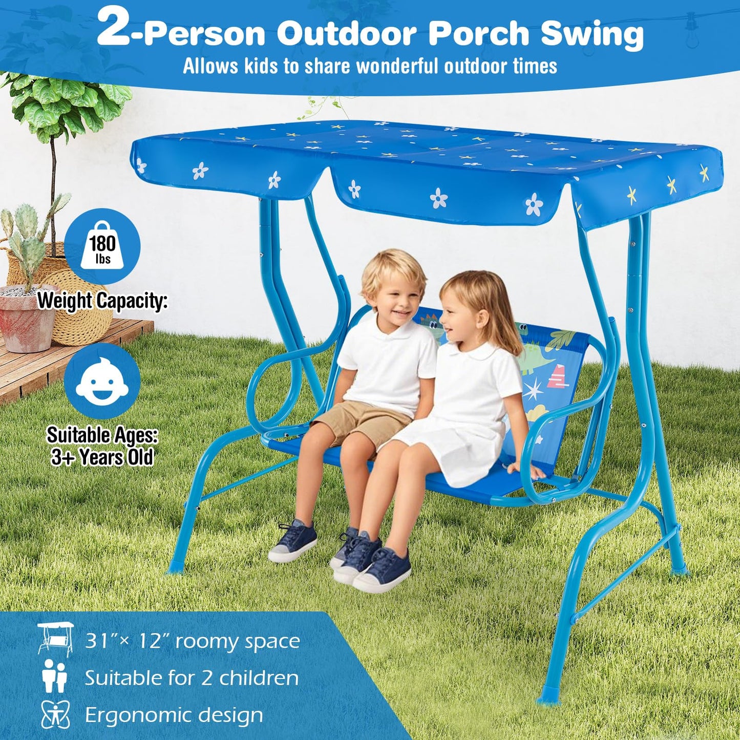 HONEY JOY Kids Patio Swing, 2-Seater Outdoor Porch Swing Lounge Chair, Adjustable Canopy & Safety Belt, All Weather Resistant Waterproof Hanging Swing Bench for Garden Poolside Balcony(Blue Dinosaur)