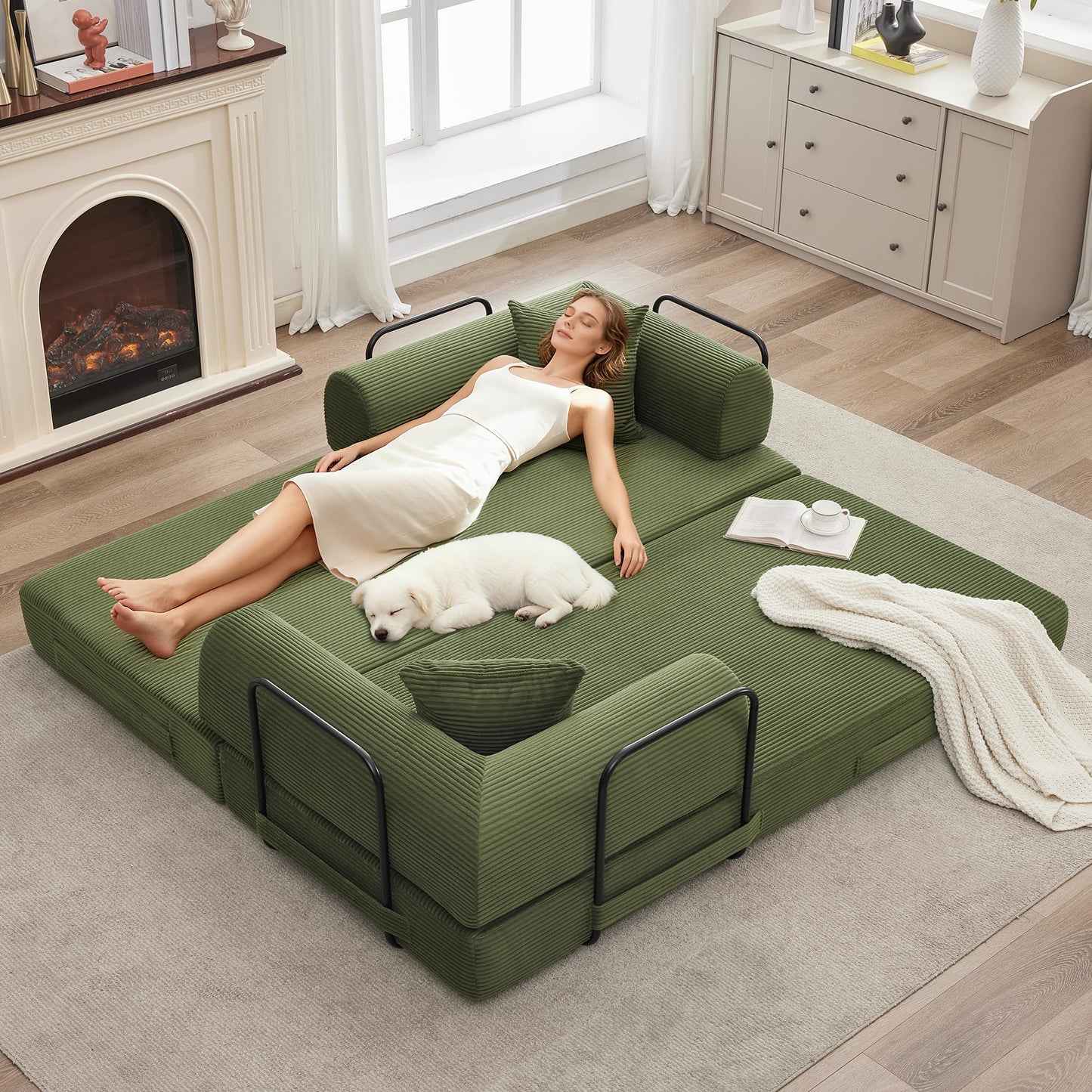 GarveeHome 79" Convertible Sleeper Sofa Bed Couch, 4-in-1 Boneless Corduroy Folding Sofa Bed with Pillow & Fixed-Shape, Floor Mattress Couch Loveseat for Living Room Apartments - No Assembly, Green