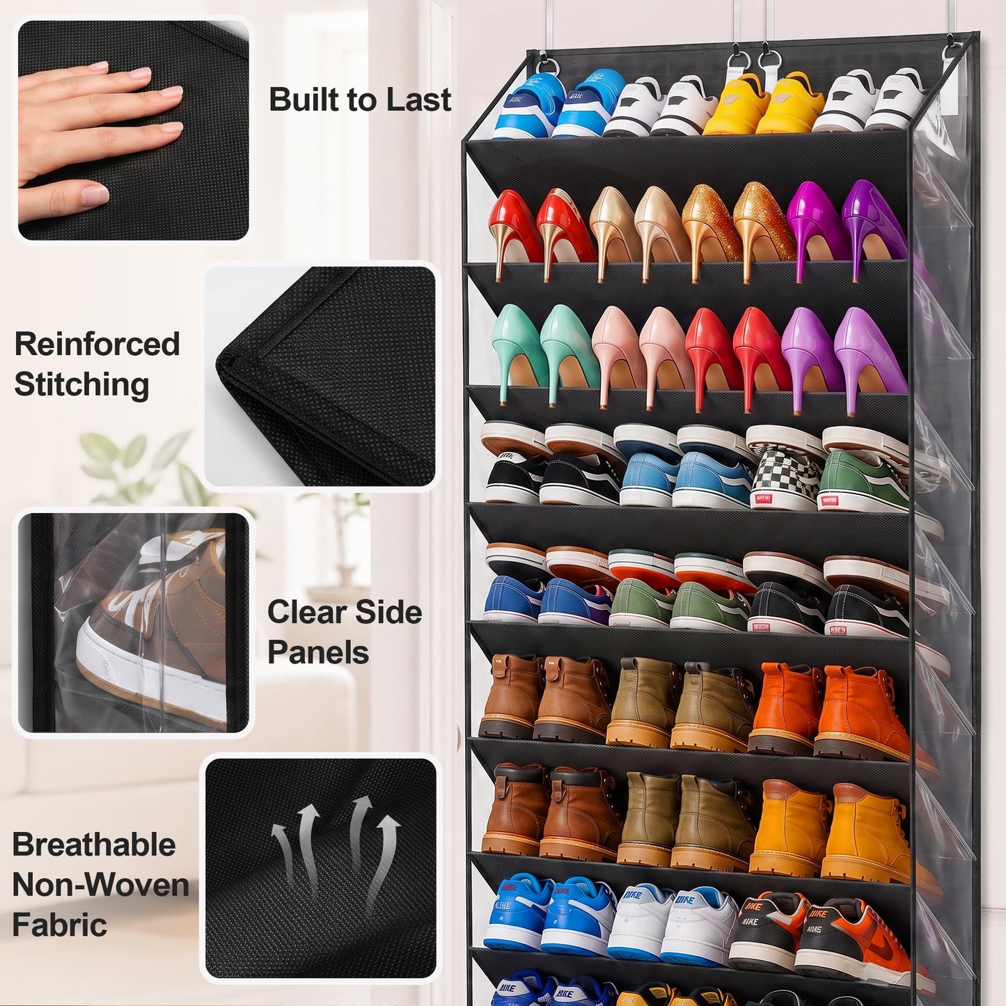 UVIAHOMI 30-40 Pairs Over the Door Shoe Organizer, Clear Pockets Hanging Shoe Storage for Closet, 10-Tier Door Shoes Rack, Handing Shoes Holder Fit All the Family's Sneakers, Boots, Heels, Black
