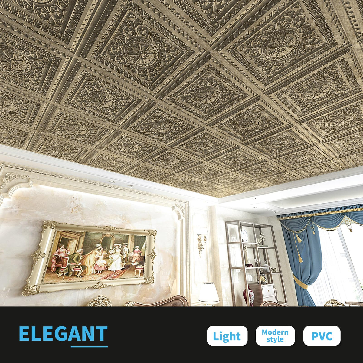 Art3d 12-Pack PVC Drop Ceiling Tiles, 2 x 2 ft, Antique Gold