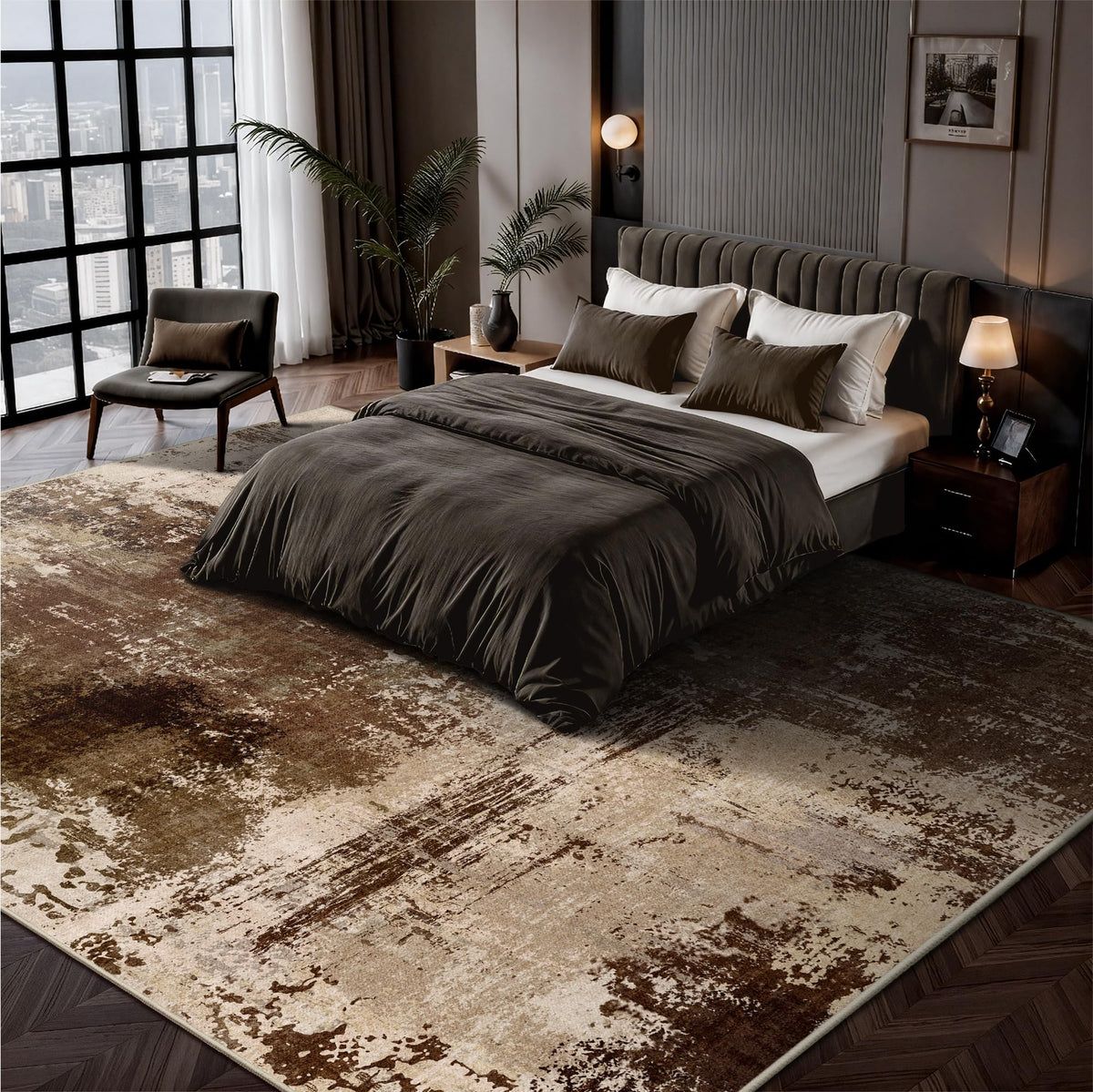 Yarooge 8x10 Rugs for Living Room - Modern Abstract Low Pile Washable Rug, Ultra Soft Non Slip Large Rugs, Floor Carpet for Bedroom Dining Room Office Laundry Nursery Home(Brown)
