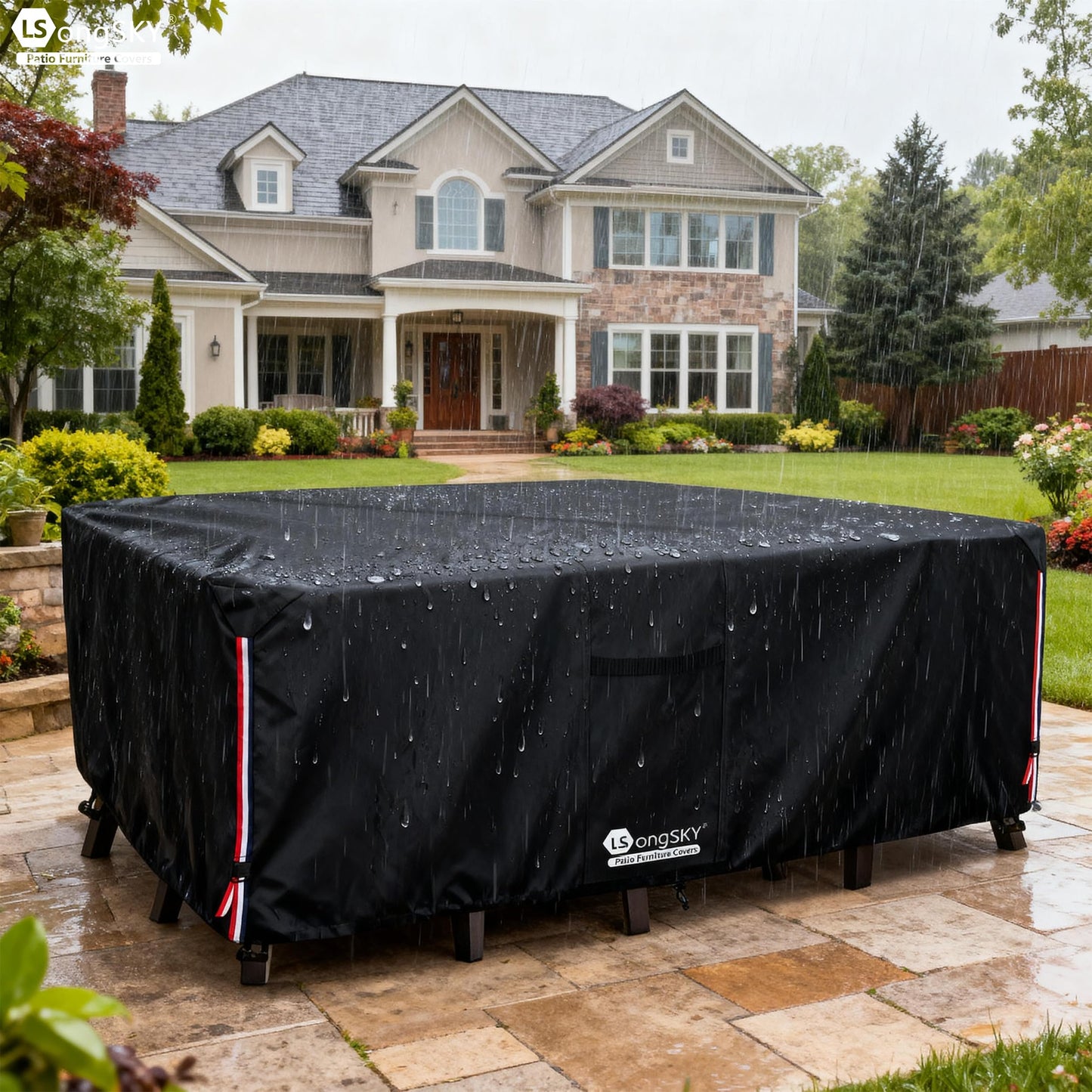 LSongSKY Outdoor Furniture Covers Waterproof,600D Heavy Duty Patio Furniture Covers for 6/7/8 PCS Sets Sectional Sofa Couch Rocking Swivel Chairs Ottomans Coffee Table,111L x 74W x 28H inch Black