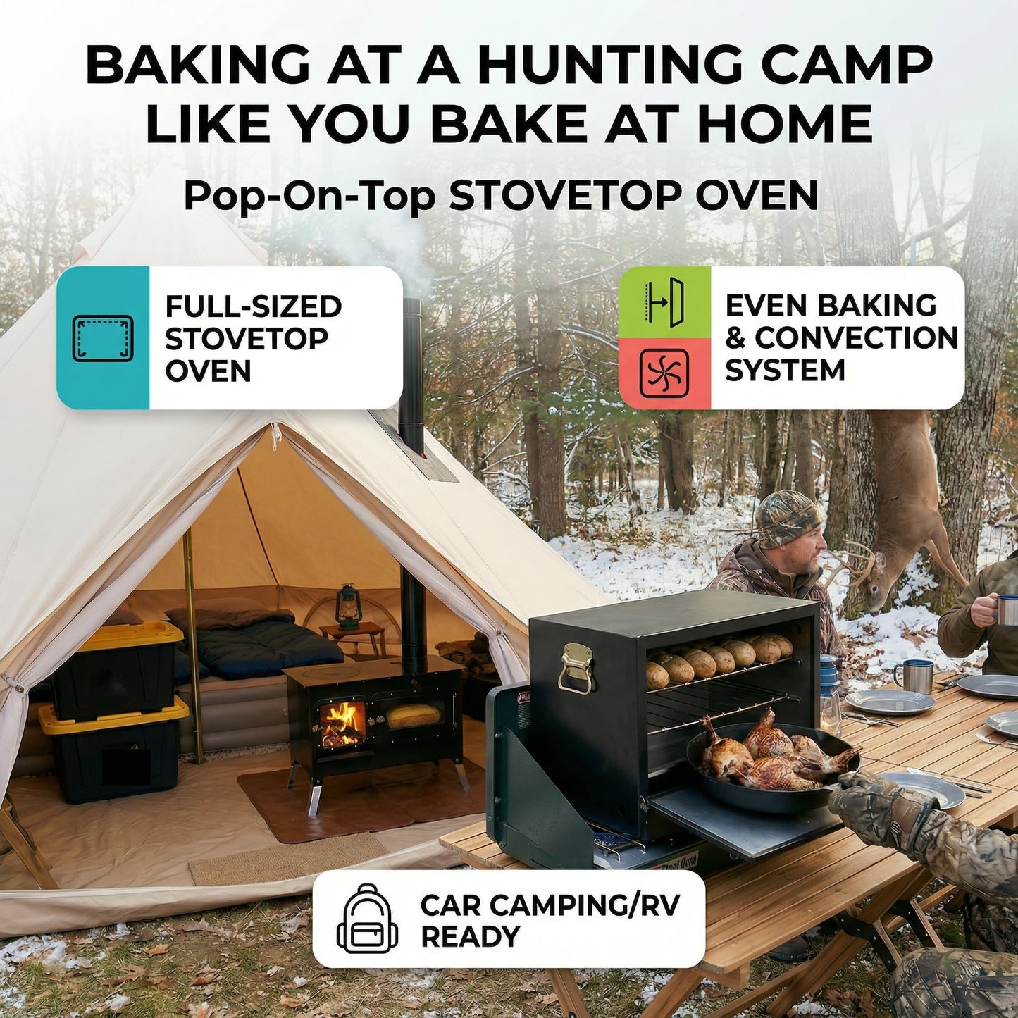 Camping Oven - Pop-On-Top Full Size Baking Oven for Outdoor, RV, Tent Camping, Preppers, Emergency.