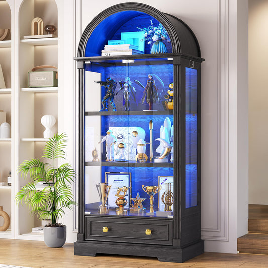 Black Curio Cabinet with Glass Doors, 72" Tall Arched Display Cabinet with Human Sensor Lights, 4-Tier Display Case for Collectibles Bookcase Living Room