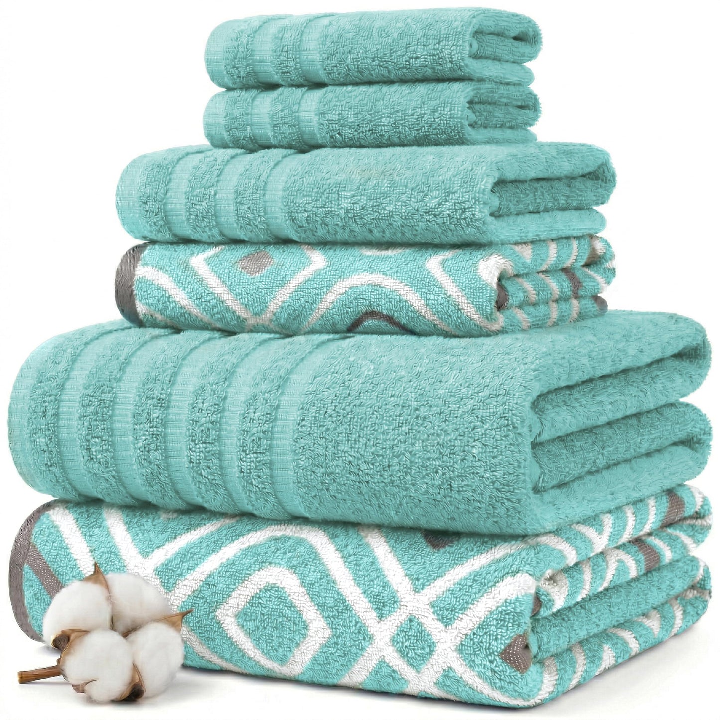 Modern Threads Classic Diamond 6-Piece 100% Cotton Towel Set – Yarn Dyed Jacquard – Includes 2 Bath Towels, 2 Hand Towels, 2 Washcloths – Absorbent, Quick Dry, Soft & Durable – Aqua