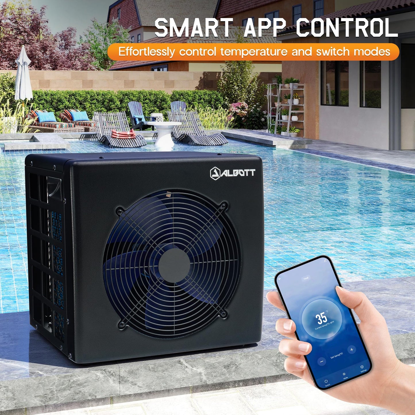 Albott 16,000 BTU Swimming Pool Heater Pump, Heating for Pools Up to 5000 Gallons, WiFi Control, Electric Pool Heater for Above Ground & Inground Pools, Black, 110V-120V 60HZ