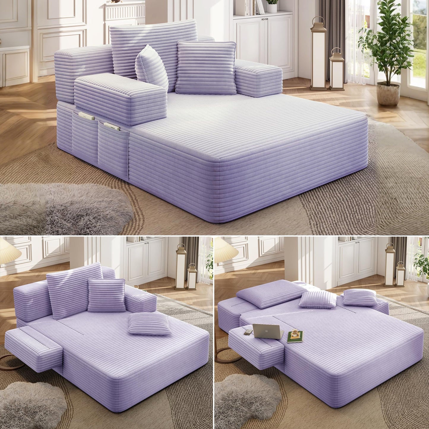 Oversized Convertible Chaise Lounge Chair Indoor, Corduroy Upholstered Boneless Sleeper Sofa Bed with Side Pockets, Modern Deep Seat Cloud Couch Reading Chairs for Living Room (Purple)