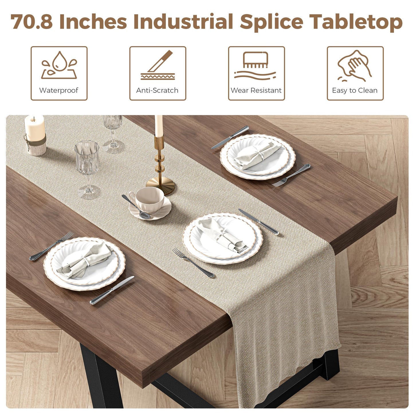 IRONCK 71" Dining Table for 6-8 People, Industrial Kitchen Table with Sturdy Metal Frame, Rectangular Brown Wood Dinner Table for Dining Room