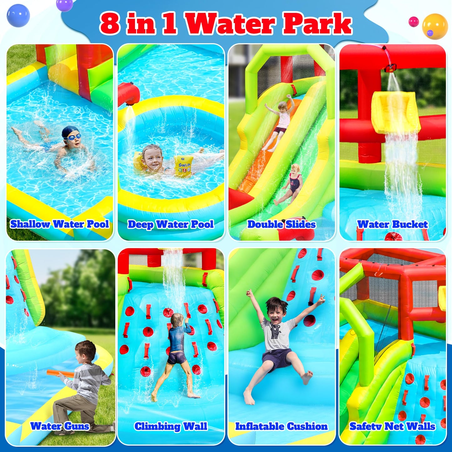 WELLFUNTIME Inflatable Water Slide Park, Bouncy Castle with Deep Pool, 191 x 157.5 x 100 Inch, Jumping Castle with Air Blower