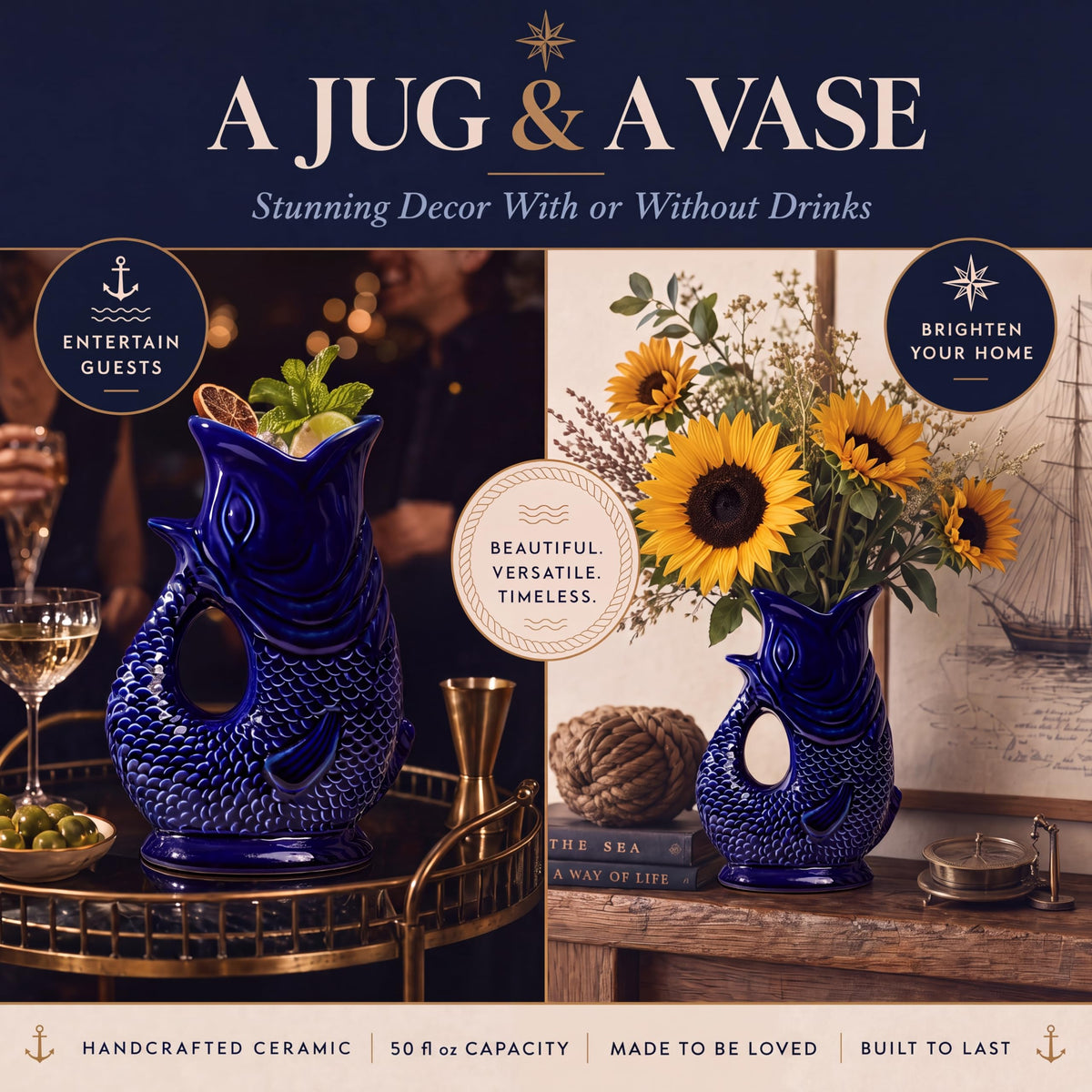 Giggling Grandma Fish Jug 50 fl oz Ceramic Pitcher, Dark Cobalt Blue