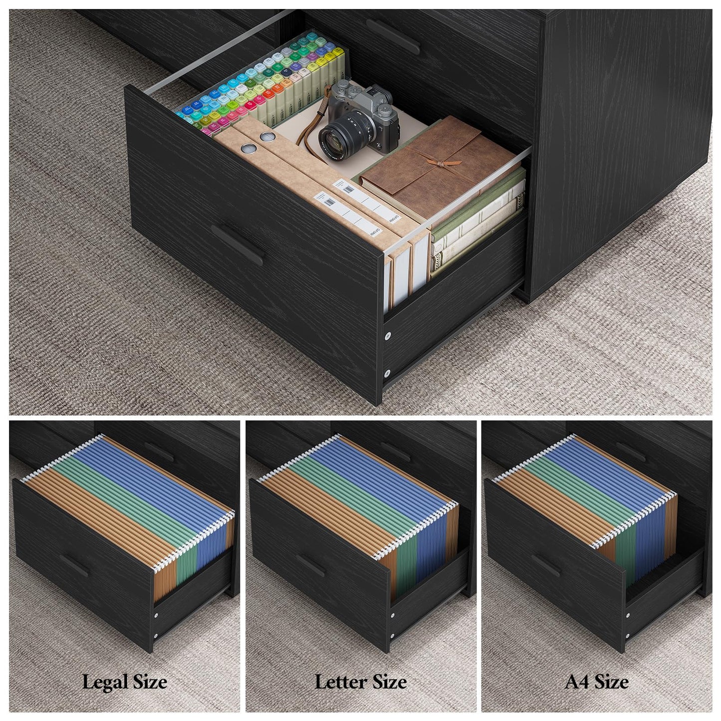 70.3 in L Shaped Executive Desk with Power Outlets, Large Home Office Desk with Storage Drawers & File Cabinet, Modern Computer Desk with Shelves, Black Business Furniture, Square Metal Legs, Black