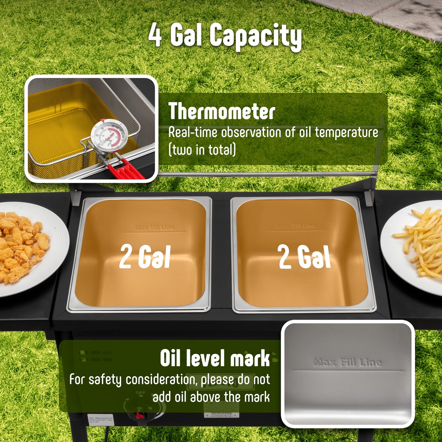 Feasto Outdoor Propane Deep Fryer, Dual Tank with Dual Independent Cast Iron Burners and Thermometers, Removable Fryer Pot, Baskets & Lids, Movable Propane Fryer Cart with Regulathor, 50000 BTU
