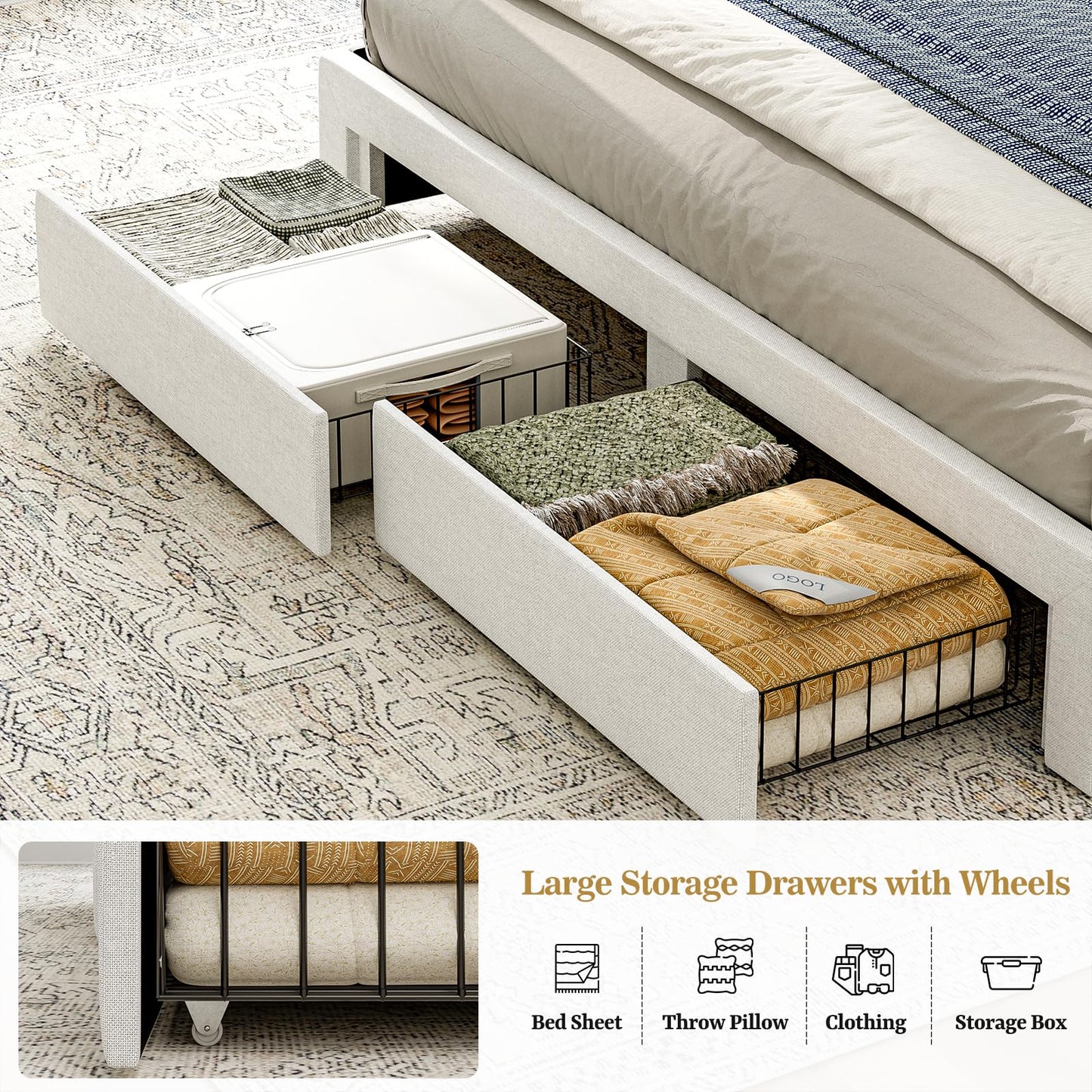 AOVSA California King Bed Frames with 4 Drawers, Hidden Storage Headboard with LED Lights and Charging Station, Upholstered Cal King Platform Bed, Noise Free, No Box Spring Needed, White