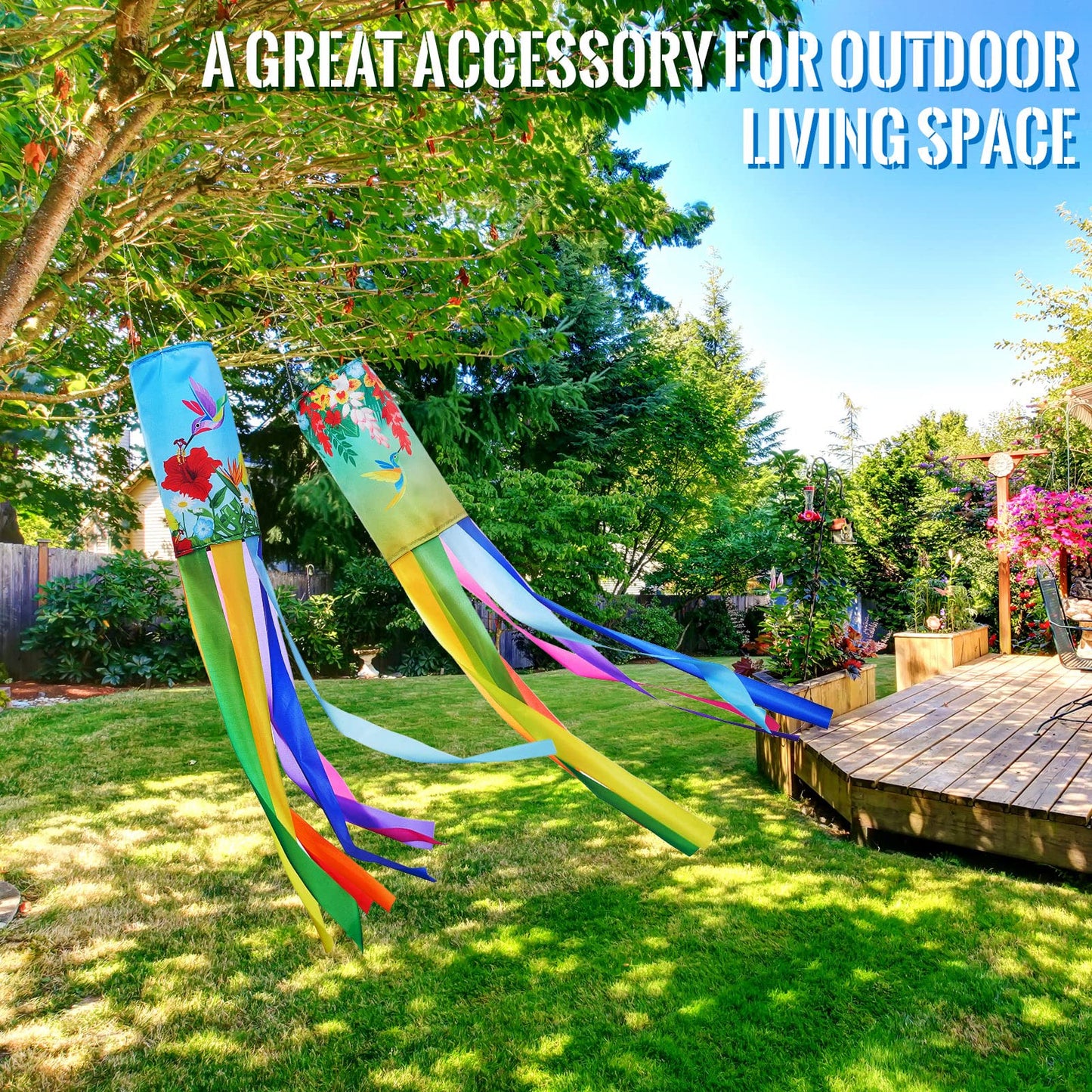 Newwiee 4 Pcs Wind Socks for Outside Heavy Duty 40 Inches Rip-Stop Polyester Decorative Spring Summer Hummingbird Windsock with Streamers Hanging Decor for Wall Tree Front Patio Lawn Garden