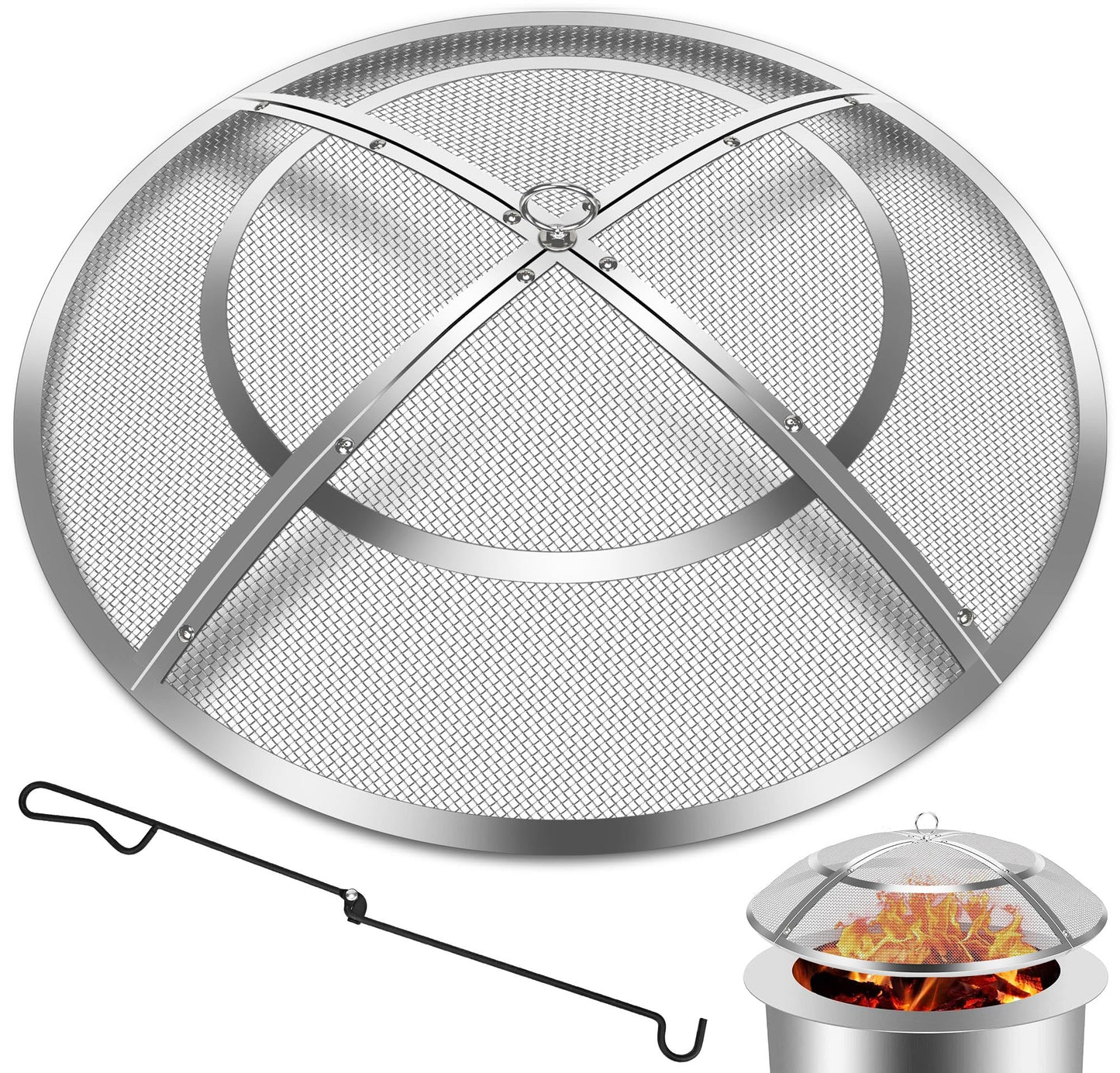 Fire Pit Spark Screen,24 Inch Fire Pit Screen Cover Stainless Steel Outdoor with Handle&Poker,Firepit Screens Cover Round Mesh Lid Heavy-Duty Steel Replacement for Backyard/Beach/RV Camping