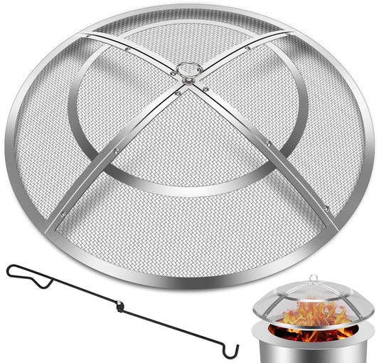 Fire Pit Spark Screen,24 Inch Fire Pit Screen Cover Stainless Steel Outdoor with Handle&Poker,Firepit Screens Cover Round Mesh Lid Heavy-Duty Steel Replacement for Backyard/Beach/RV Camping
