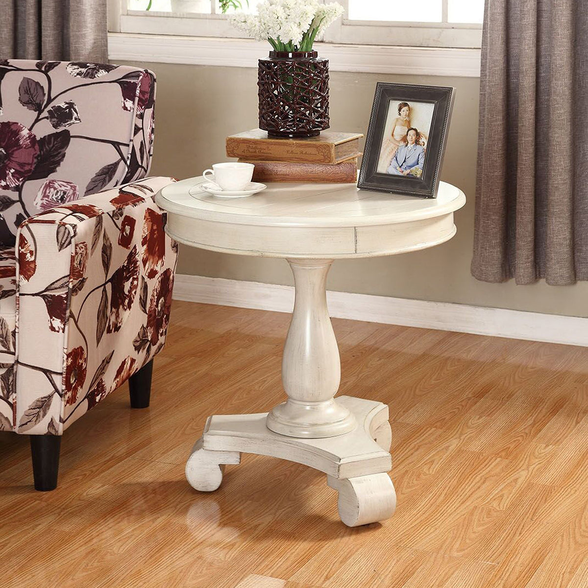Roundhill Furniture Rene Round Wood Pedestal Side Table, Antique White
