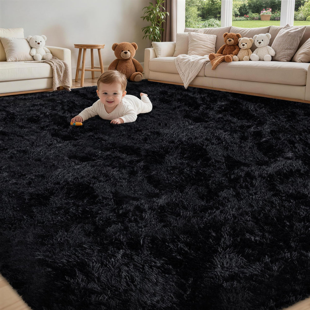 Xafir 8x10 Area Rug for Living Room,Black Fluffy Shag Non-Slip Bedroom Rugs