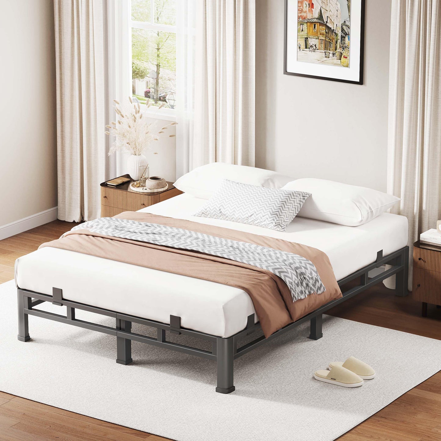 ROIL 10 Inch Queen Bed Frame, Metal Bed Frame & Box Spring 2 in 1 Platform with Round Corner Legs, 4000LBS Double Layer Low Profile Metal Platform Mattress Baffles, Noise-Free Easy Assembly