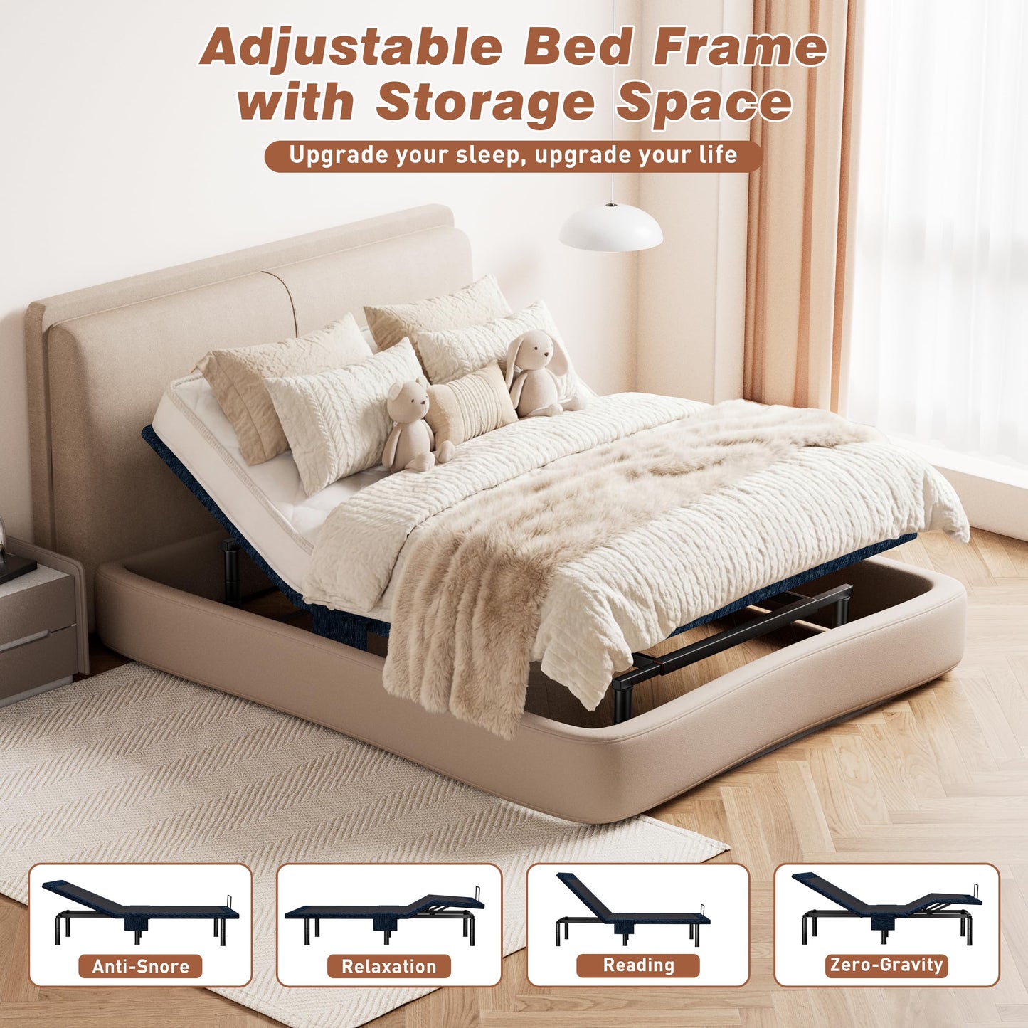 Zhumeiling Patented King Adjustable Bed Frame Wireless Remote Zero Gravity Anti-Snore Quiet Motor for Seniors
