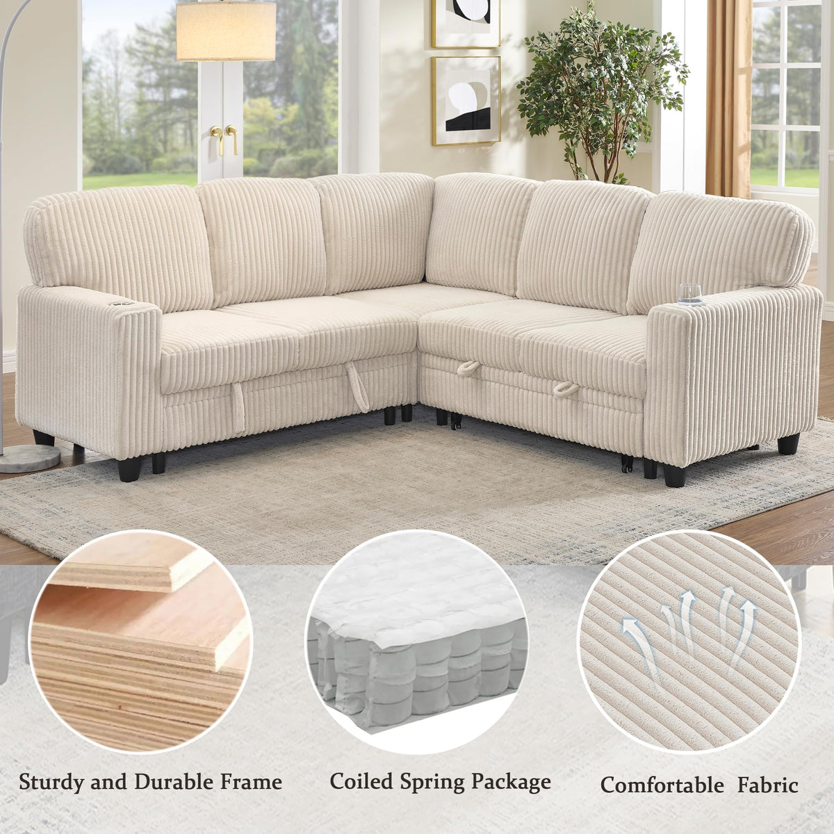 KavlSean 81" Corduroy L Shaped Sectional Sleeper Sofa Pull Out Bed 5-Seater
