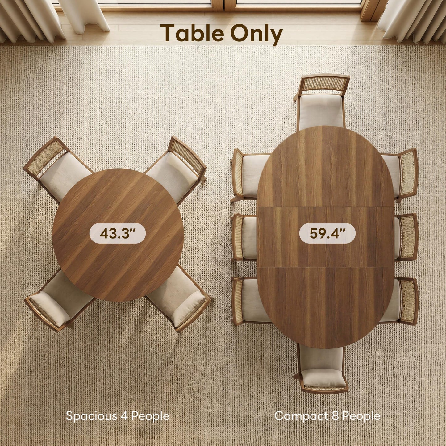 LIKIMIO 43"-59" Extendable Round Dining Table for 4-8, Transformer Oval Dining Room Table with Removable Leaves Space Saving, Wood Base Kitchen Table with Storage Shelf for Living Room, Walnut