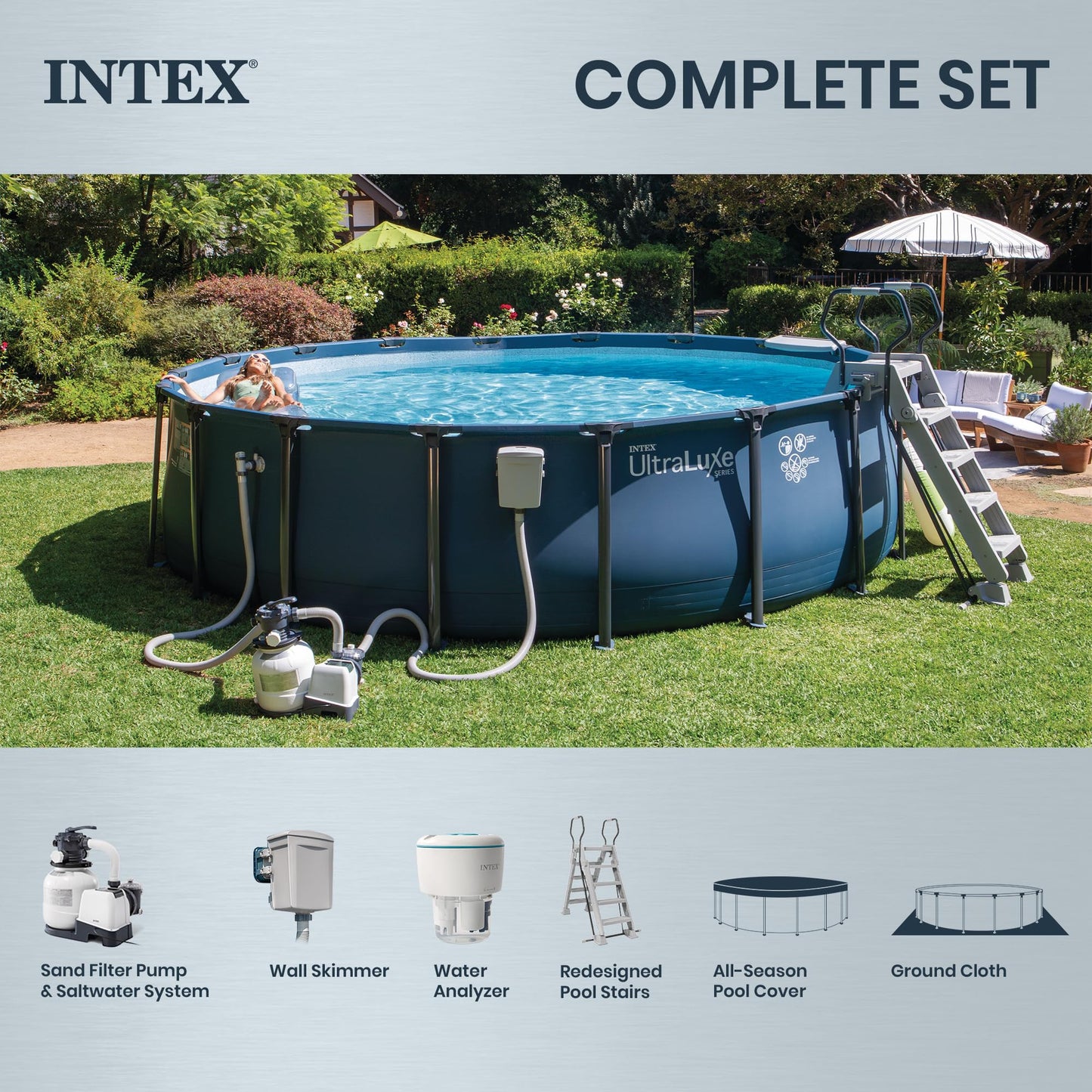 INTEX UltraLuxe 20 ft x 52 in Round Outdoor Above Ground Pool Set, Smart Wi-Fi Enabled Large Swimming Pool for Family and Adults with Sand Filter Pump, Saltwater System & Retractable Ladder