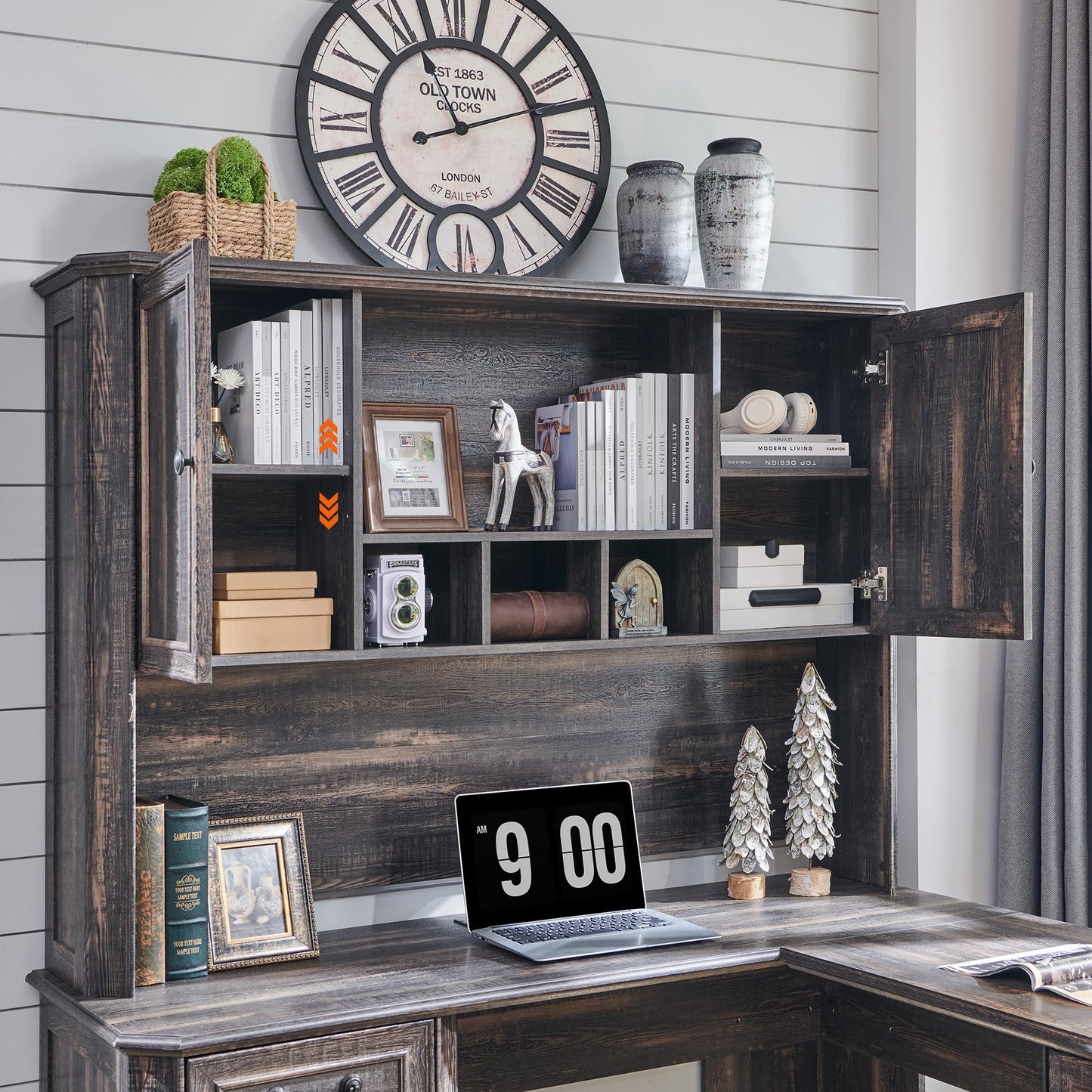 T4TREAM L Shaped Desk with Hutch,59" Farmhouse Wood Home Office Executive Desk,Charging Station,File Drawer, Storage Cabinet,Computer Desk for Work and Study (Dark Rustic Oak)