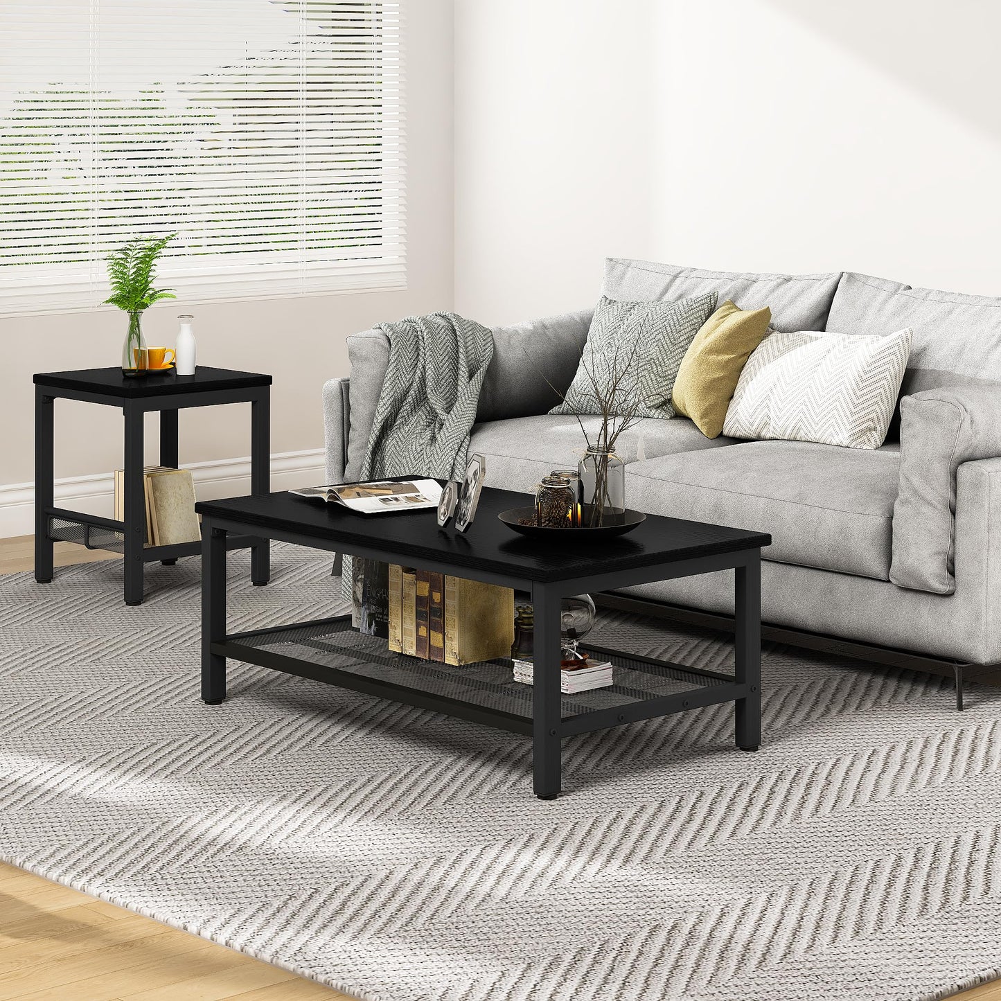 furlinkhm Coffee Table Set of 3, Industrial Coffee Table with 2 Square End Side Tables, Modern Living Room Table Set, with Metal Frame, for Apartment Home Office, Black