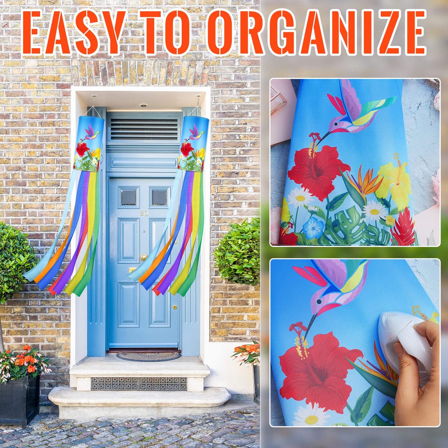 Newwiee 4 Pcs Wind Socks for Outside Heavy Duty 40 Inches Rip-Stop Polyester Decorative Spring Summer Hummingbird Windsock with Streamers Hanging Decor for Wall Tree Front Patio Lawn Garden