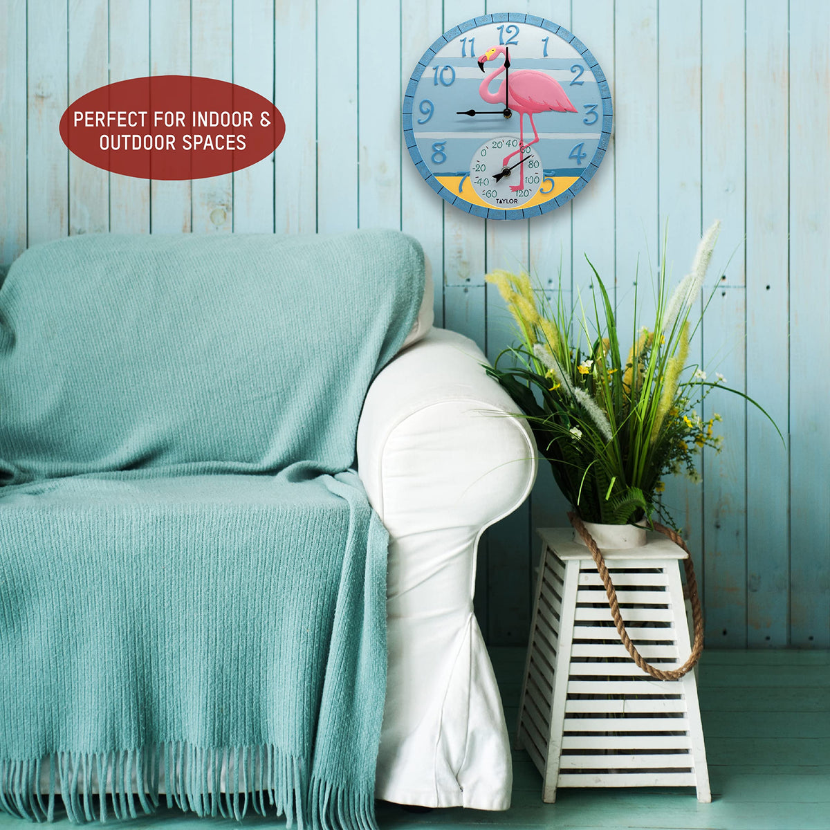 Taylor 14 Inch Resin in/Out Clock with Thermometer - Flamingo