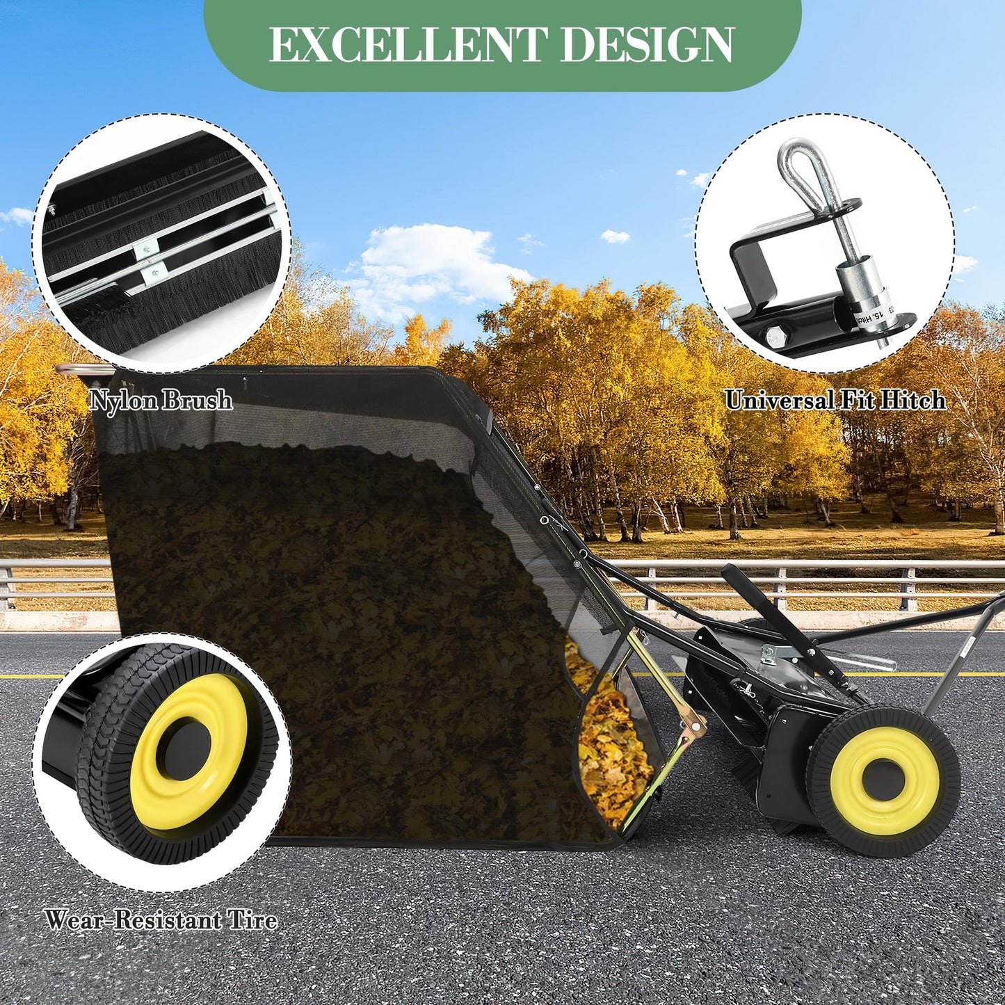 44" Pull Behind Lawn Sweeper, Large Capacity 26 Cu. ft. Leaf & Grass Collector with Adjustable Brush Height, Foldable Design, Dumping Rope for Picking Up Grass and Debris