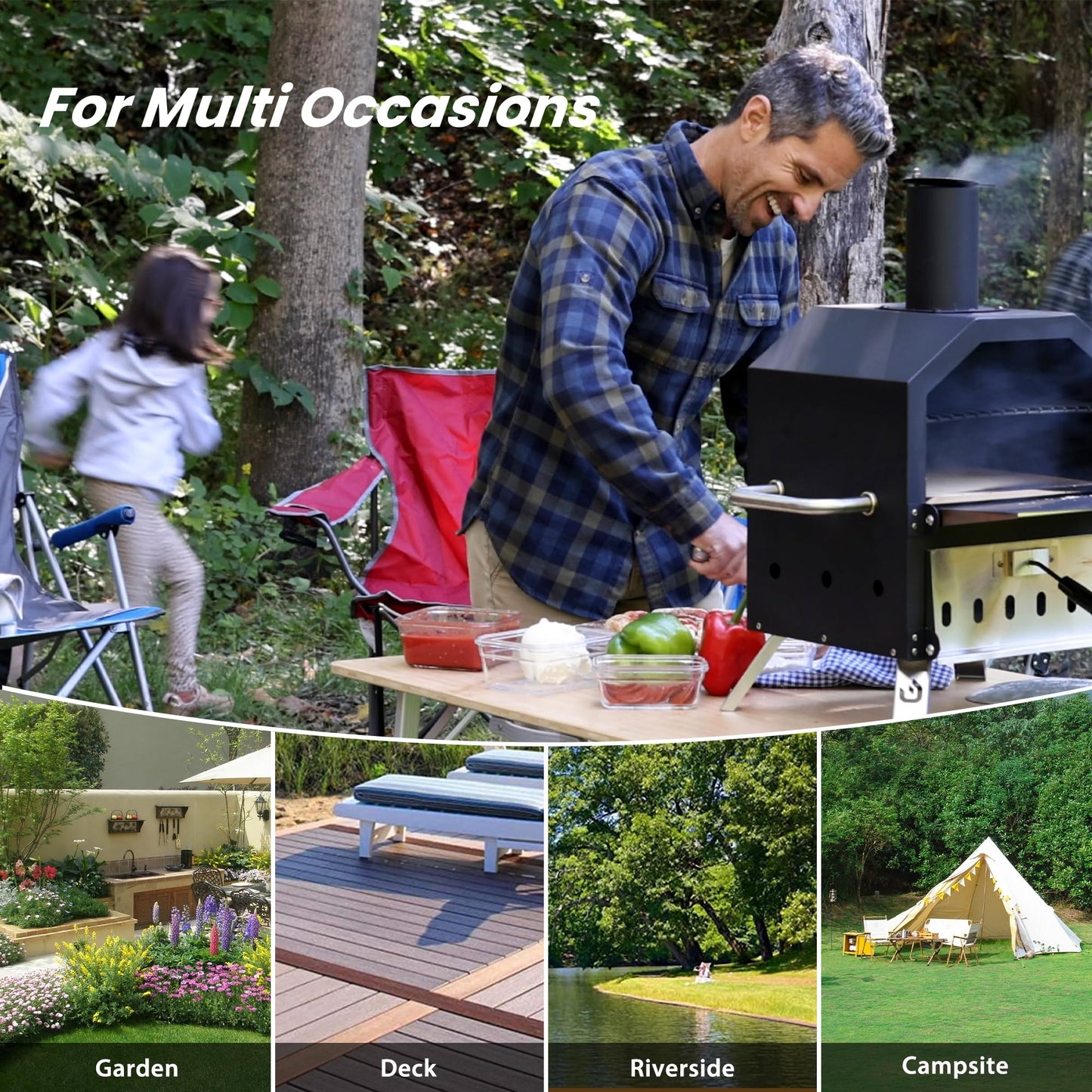 Pizzello Outdoor Pizza Oven Wood Fired 2-Layer Pizza Ovens Outside Pizza Maker with Stone, Pizza Peel, Cover,Removable Cooking Rack for Camping Backyard BBQ (Black)