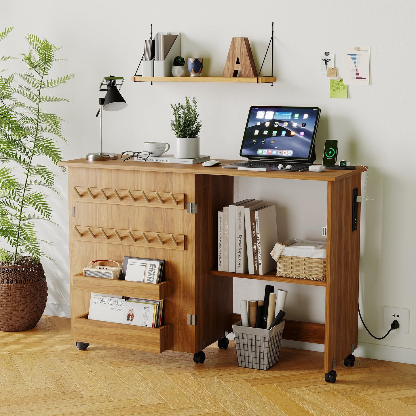 Folding Sewing Machine Table with Charging Station, Rolling Craft Table with Lockable Wheels, Storage Trays & Shelf, Pegs, Magnetic Locks, Foldable Sewing Machine Cabinet Desk for Small Spaces, Brown