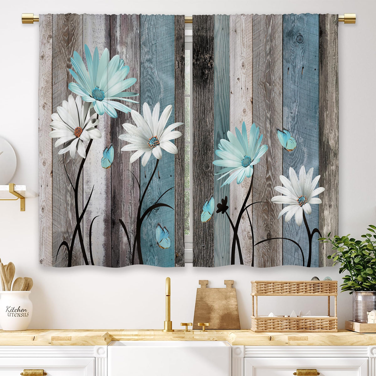 Laifzere Teal Farmhouse Daisy Kitchen Curtains Wooden Flower Small Short Cafe Window Curtains Rustic Floral Butterfly Country Bathroom Drapes Treatment Tier Curtains 2 Panels (27.5x39 Inch)