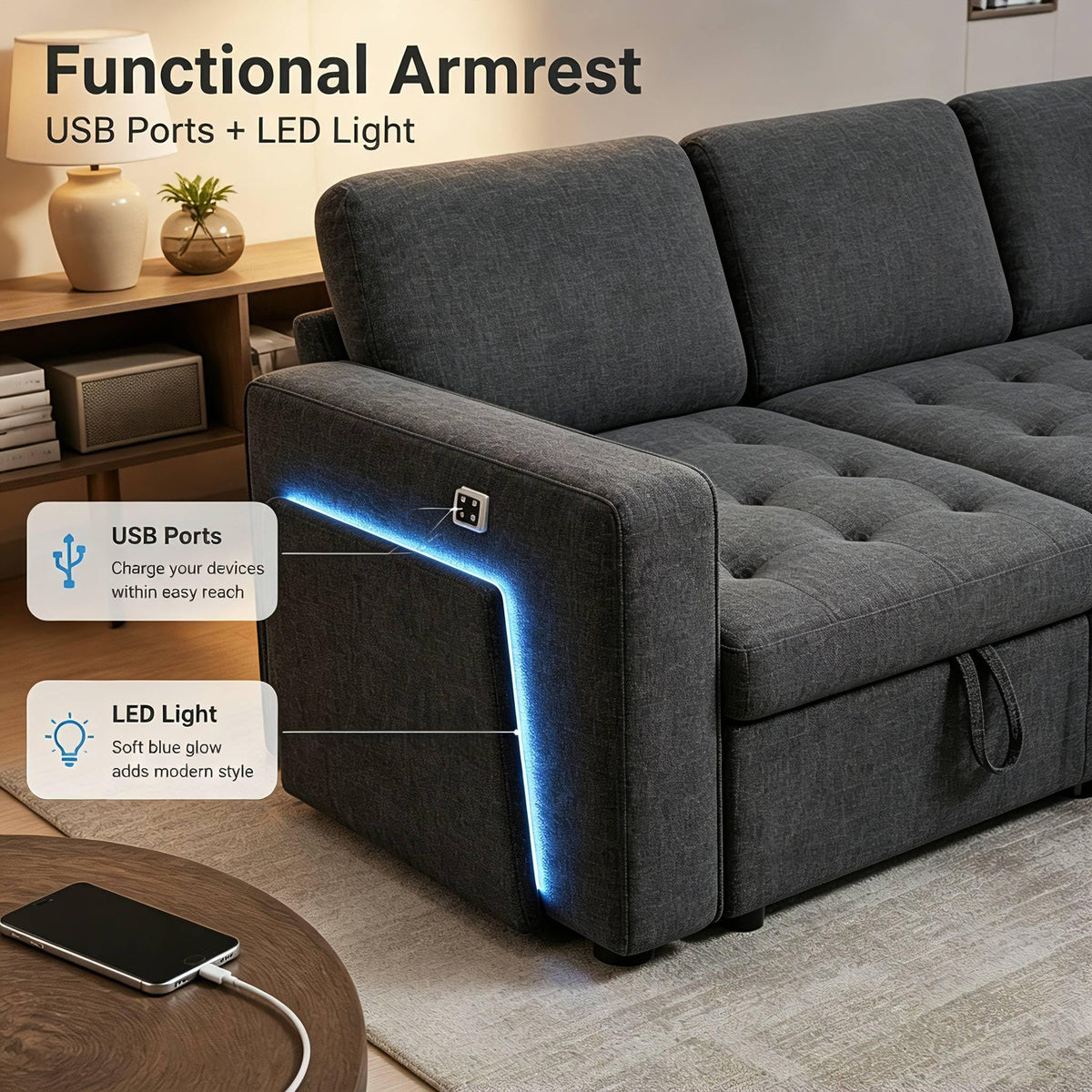Sunny Heart 8 Seat U Shaped Sectional Sleeper Sofa Bed with Pull Out Bed, Chenille Sectional Sleeper Couch with Adjustable Backrest, USB Ports, LED, Side Table, Tool-Free Assembly,Gray