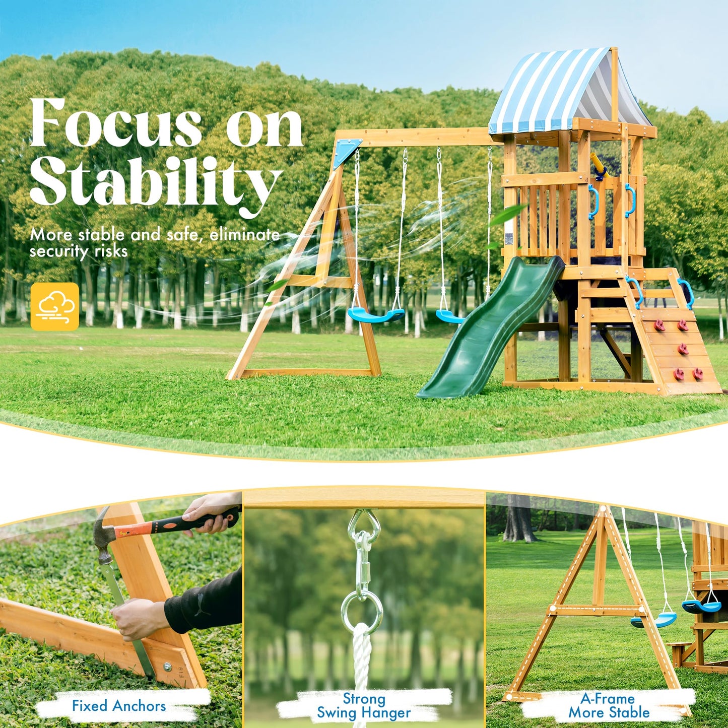 ROBOTIME Wooden Swing Set for Backyard, All-in-One Kids Outdoor Play Equipment with Swings, Slide, Climbing Rope Ladder, Outdoor Swing Playset for Kids Ages 3-10