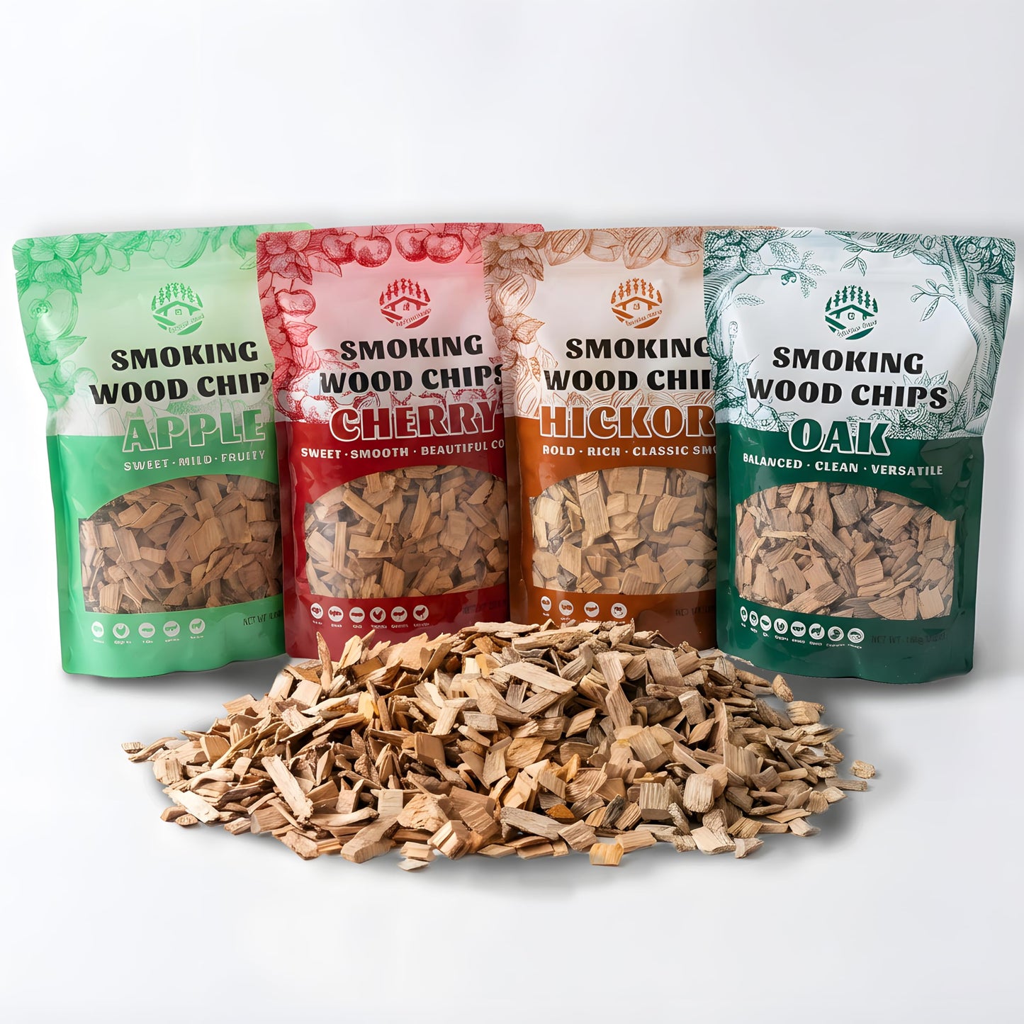 Smoking Wood Chips Variety Pack – Apple, Cherry, Hickory & Oak, 4 Flavors, 1.6 lb Each, Wood Chips for Smoker, All-Natural Hardwood Wood Chips, Smoker Wood Chips for BBQ, Gas & Charcoal Grills