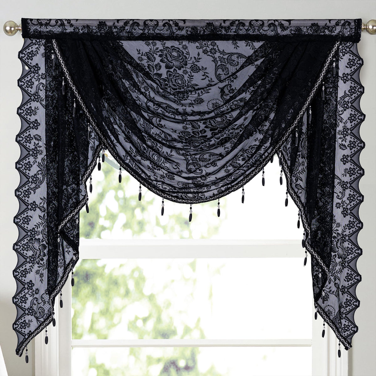 Huierxun Black Sheer Lace Waterfall Window Valance with Bead Tassels Floral Embroidered Valance Curtains Semi Sheer Rod Pocket Valance/Swags for Bedroom/Living Room/Kitchen/Basement(Black,39"x41")