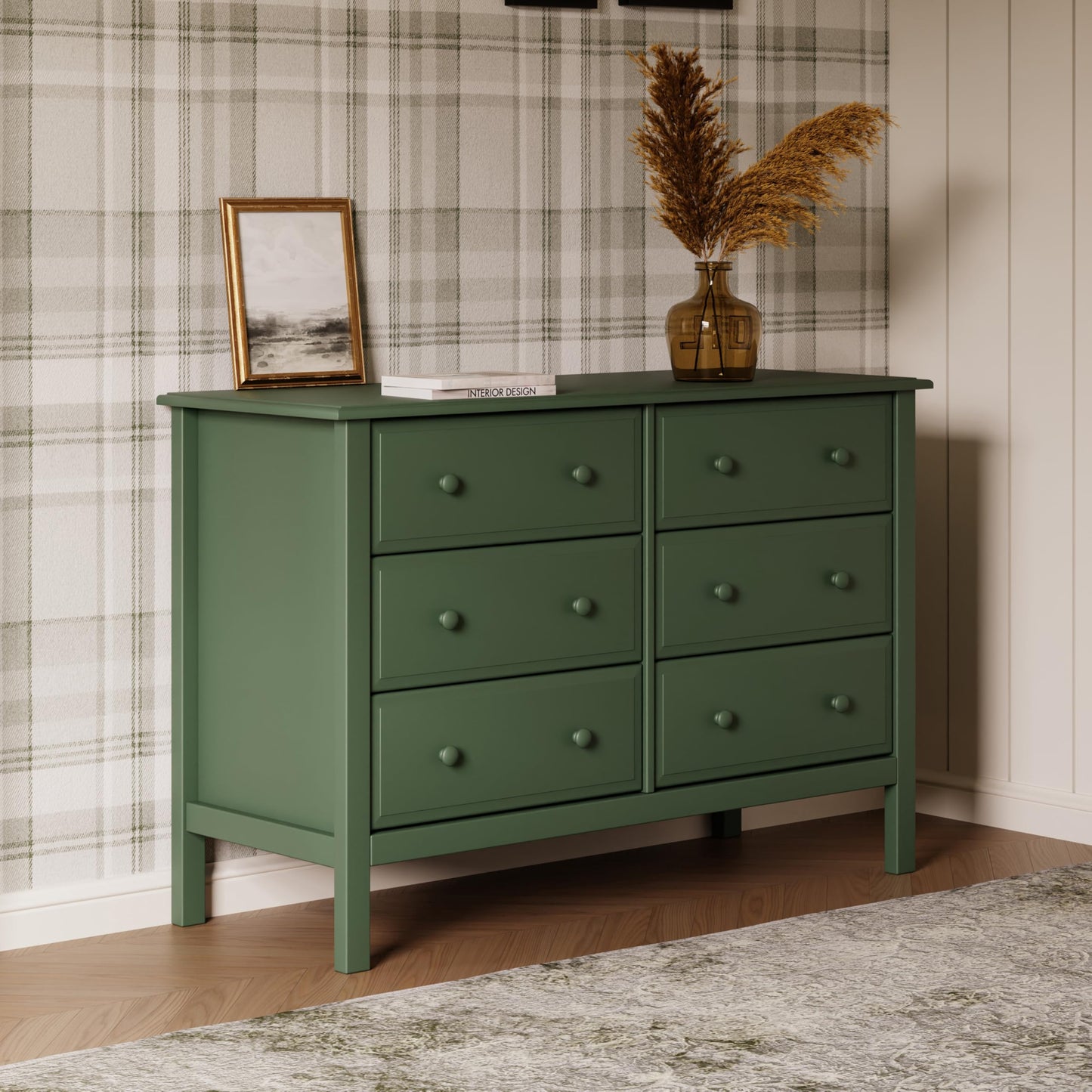 Jayden 6-Drawer Double Wide Dresser with 9+ inch Drawer Extension in Forest Green, Greenguard Gold Certified