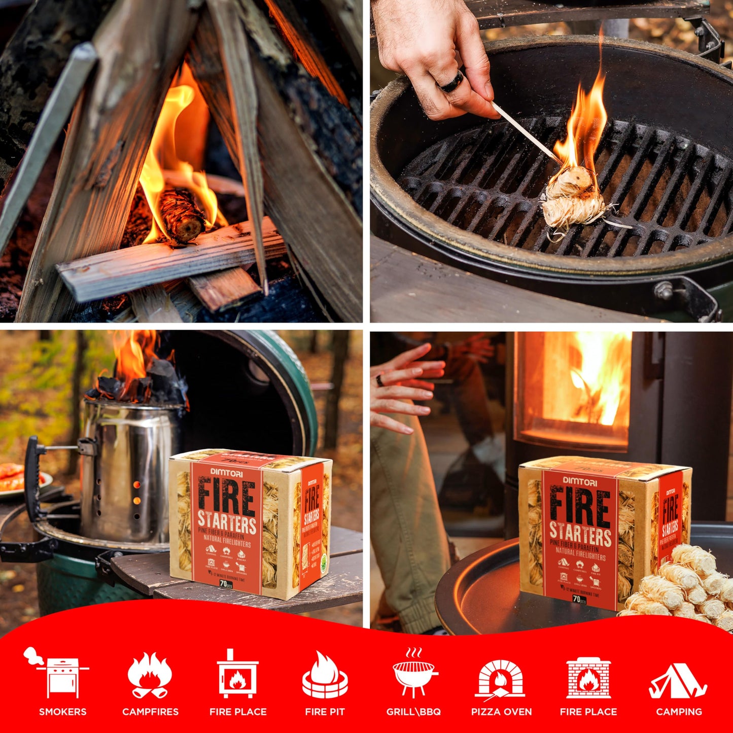 DIMTORI 70 pcs Fire Starter - Natural Fire Starters for Campfires, Fire Pit, Pizza Oven, Fireplace, Smoker, BBQ, Pellet Stove & Wood - Fire Starters for Grill, Charcoal Starter
