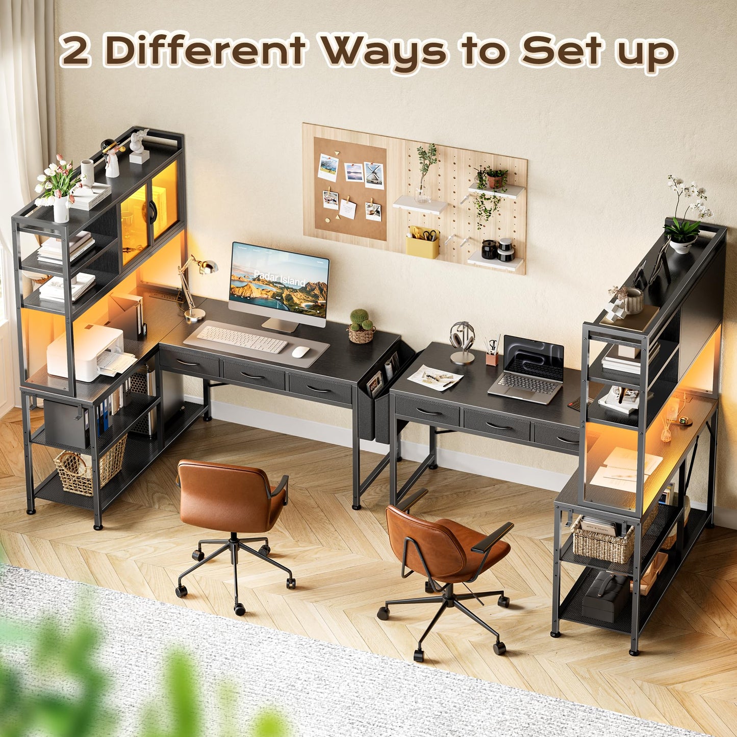PRAISUN 57.5" Reversible L-Shaped Desk with LED Lights & Power Station