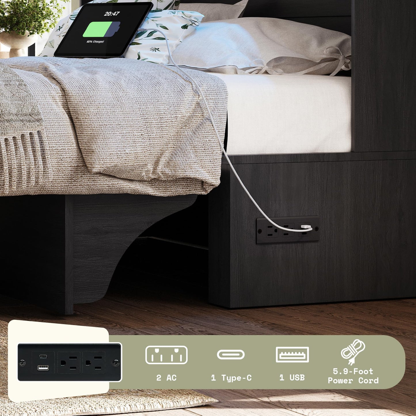AMERLIFE Full Murphy Bed with Bookcase Headboard & LED Light, Farmhouse Cabinet Bed with Storage Drawer, Charging Station and Desk for Home Office/Guest Room/Small Spaces, Black