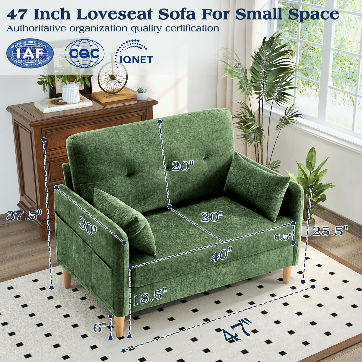 Hanherry Loveseat Sofa, 47” Small Couch for Living Room, Comfy Chenille Fabric Love Seat for Bedroom with Throw Pillow,Removable Cushion Cover,Couches for Small Space,Apartment,Dorm