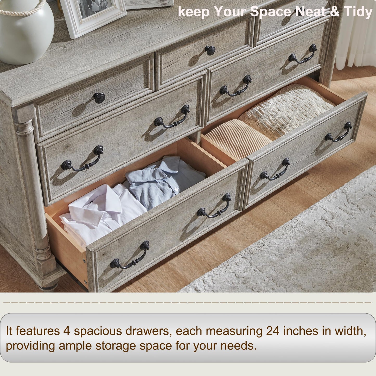 T4TREAM Farmhouse 7 Drawers Dresser Chests for Bedroom w/ 4 Column Solid Wood Feet, Tall Wide Wood Country Rustic Chest of Drawers, Storage Dressers for Bedroom, Living Room, Light Rustic Oak