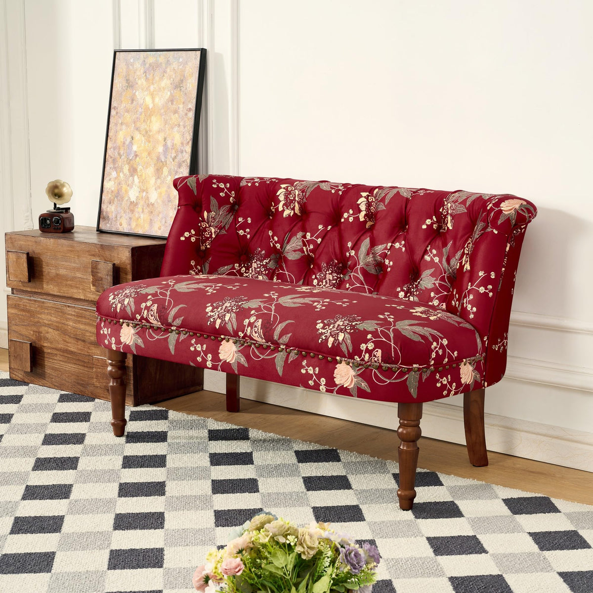 KEIKI 47.25" Floral Loveseat, Tufted Fabric Settee Couch, Red