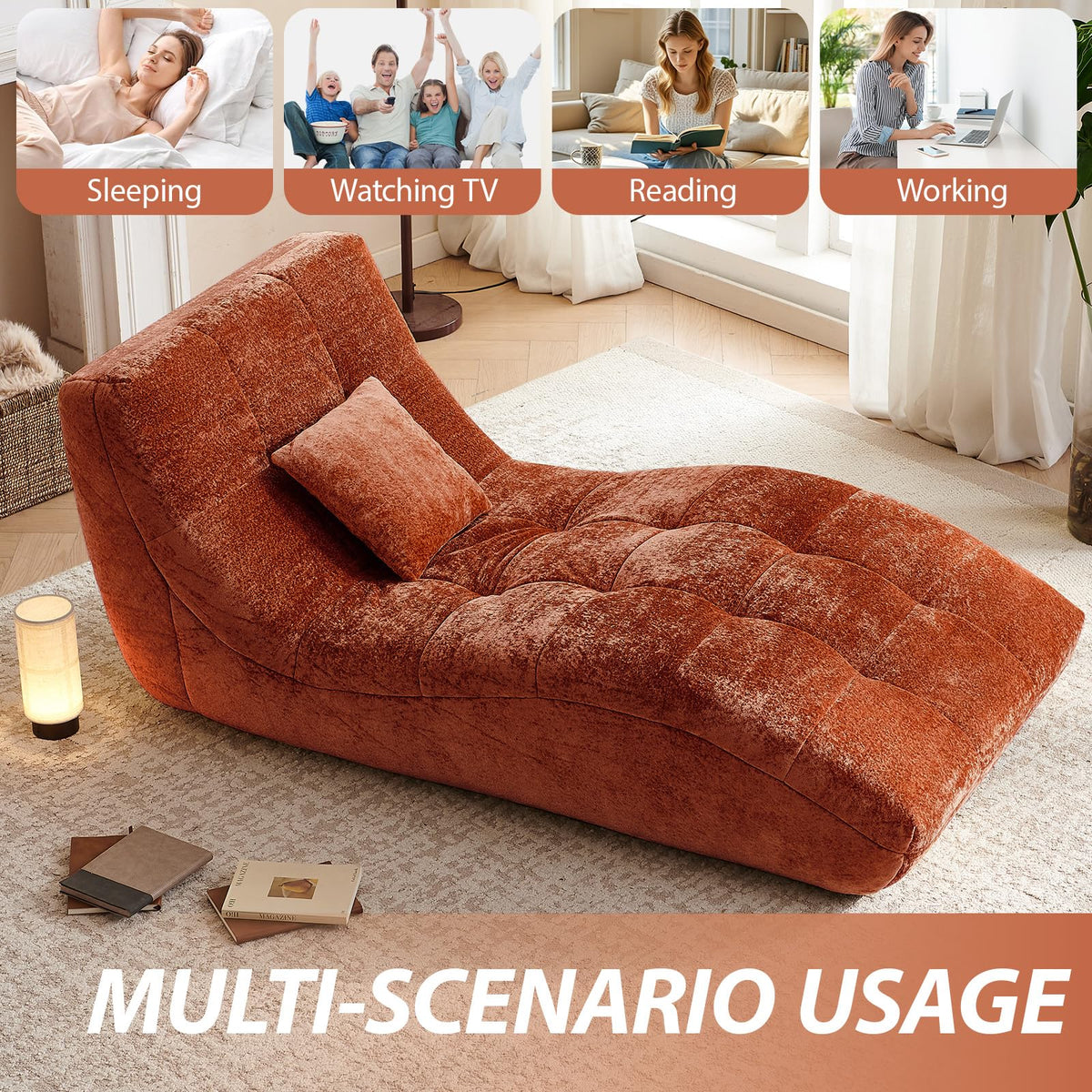 Huadeo Chaise Lounge Chair with Curved Back, Modern Upholstered Recliner Sofa, Tufted Accent Lounger Comfortable Lazy Chair for Bedroom, Apartment (Orange)