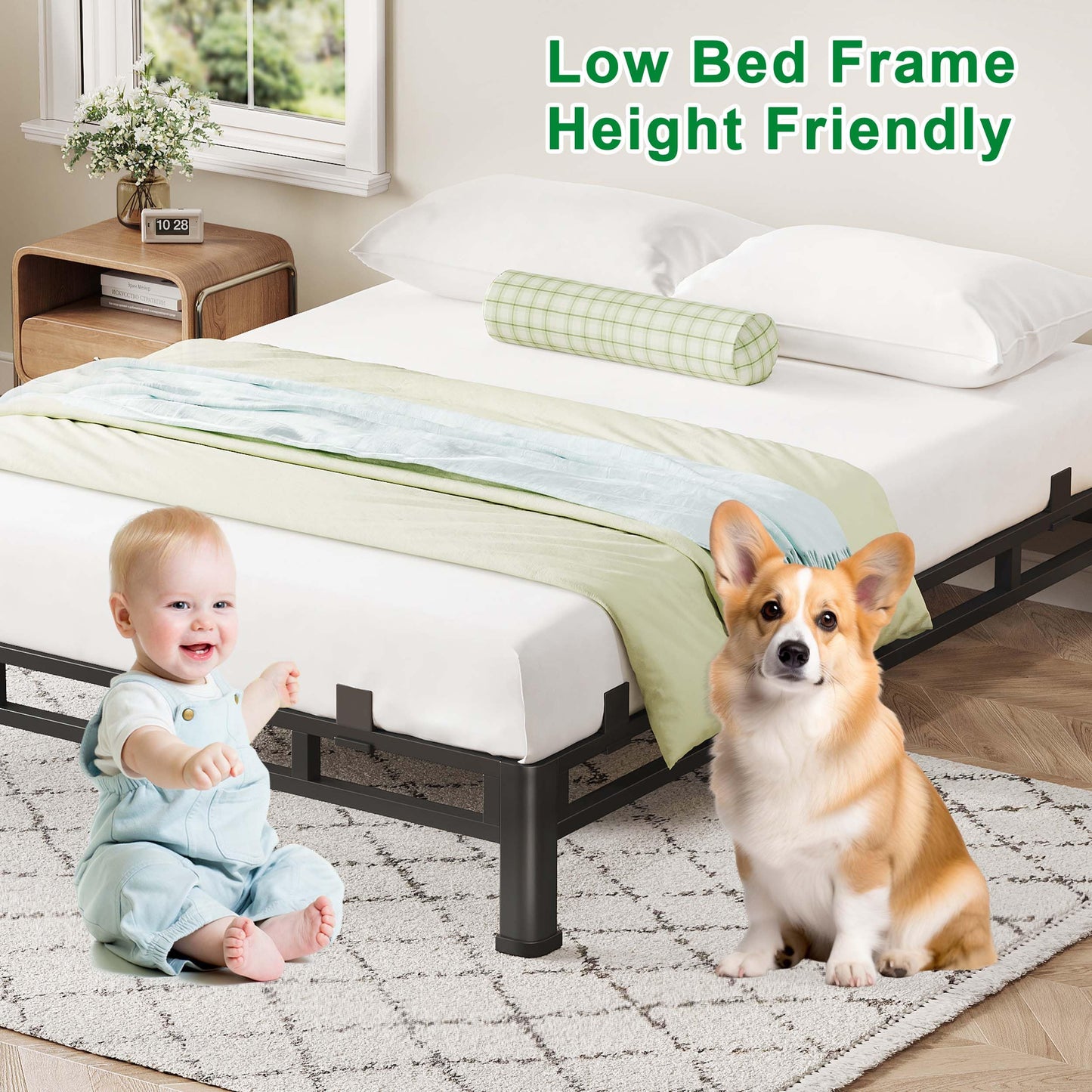 ROIL 7 Inch Full Size Bed Frame, Metal Bed Frame & Box Spring 2 in 1 Platform with Round Corner Legs, 4000LBS Double Layer Low Profile Metal Platform Mattress Baffles, Noise-Free Easy Assembly